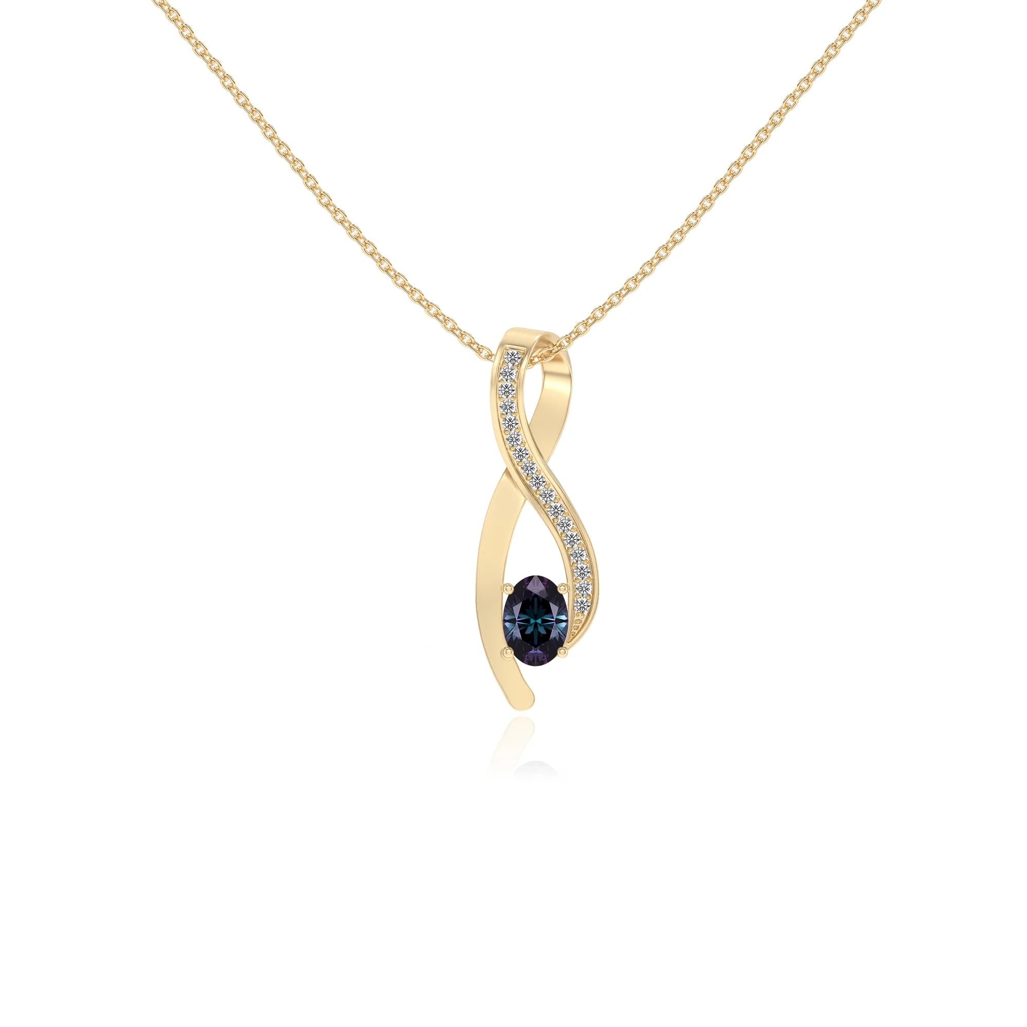 lab grown alexandrite oval solitaire necklaces in yellow gold