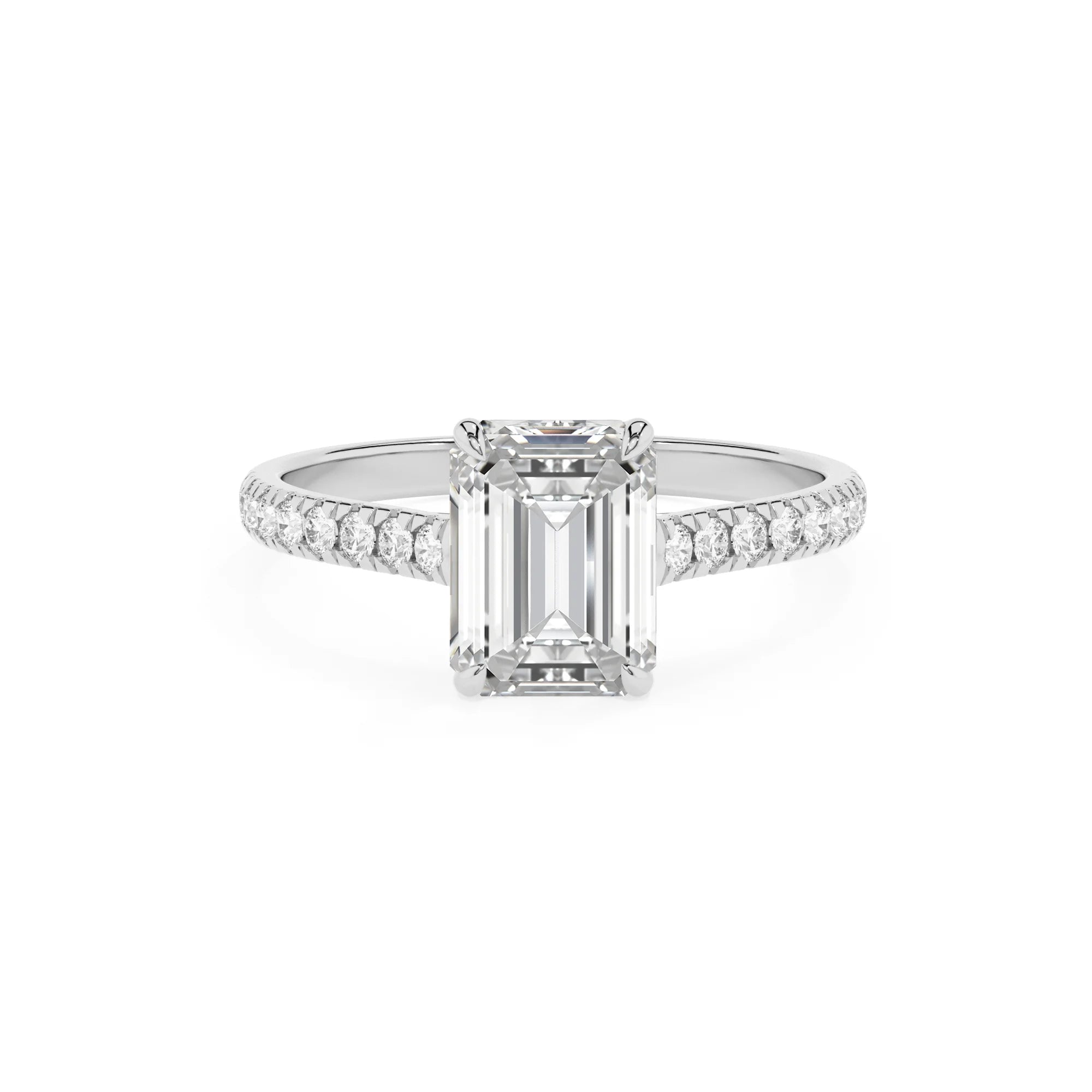 lab grown moissanite emerald cut half eternity solitaire engagement rings in white gold
