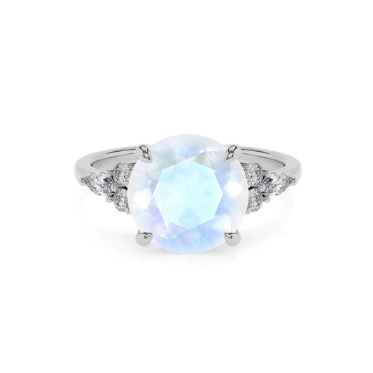 natural rainbow-moonstone round solitaire rings in white gold