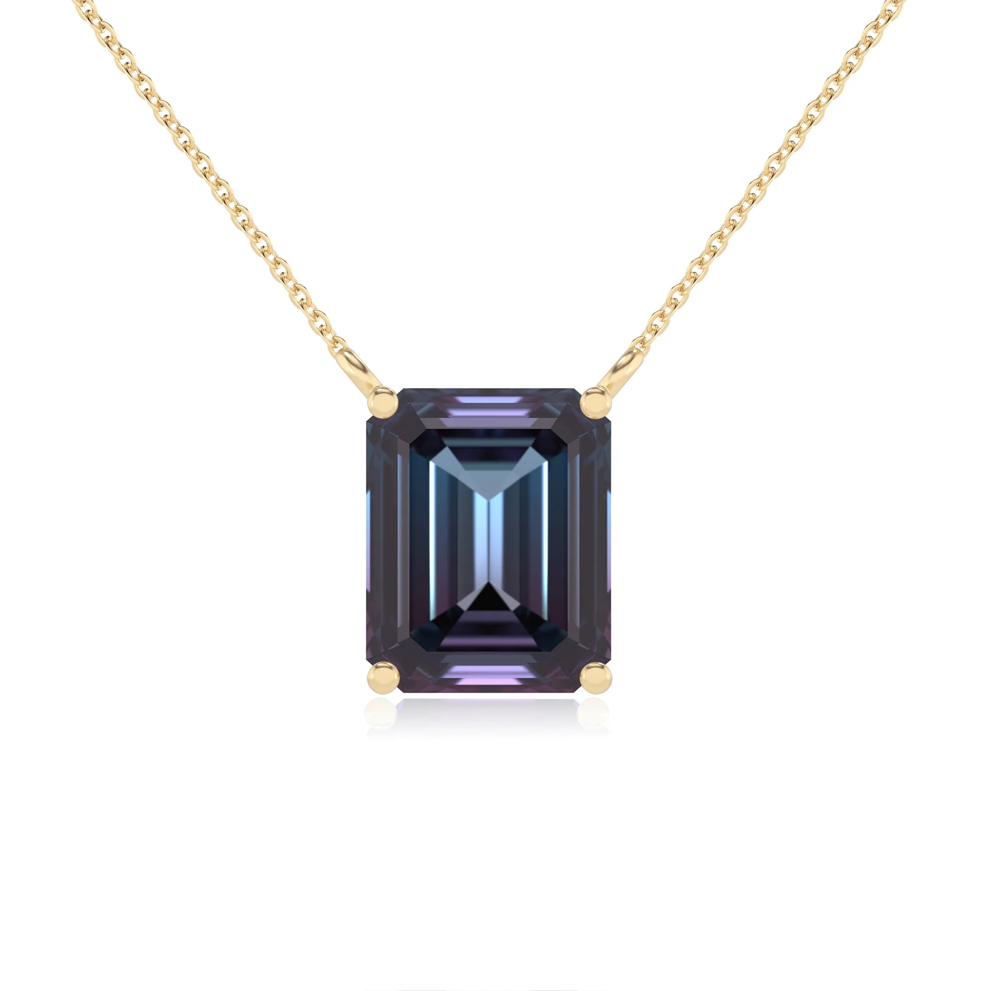 lab grown alexandrite emerald cut solitaire necklaces in yellow gold