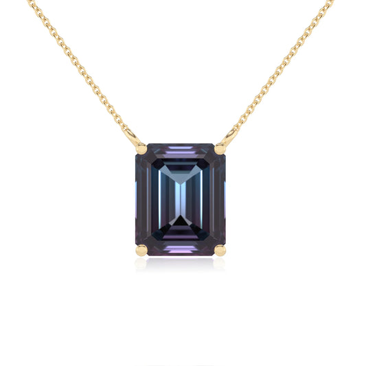 lab grown alexandrite emerald cut solitaire necklaces in yellow gold