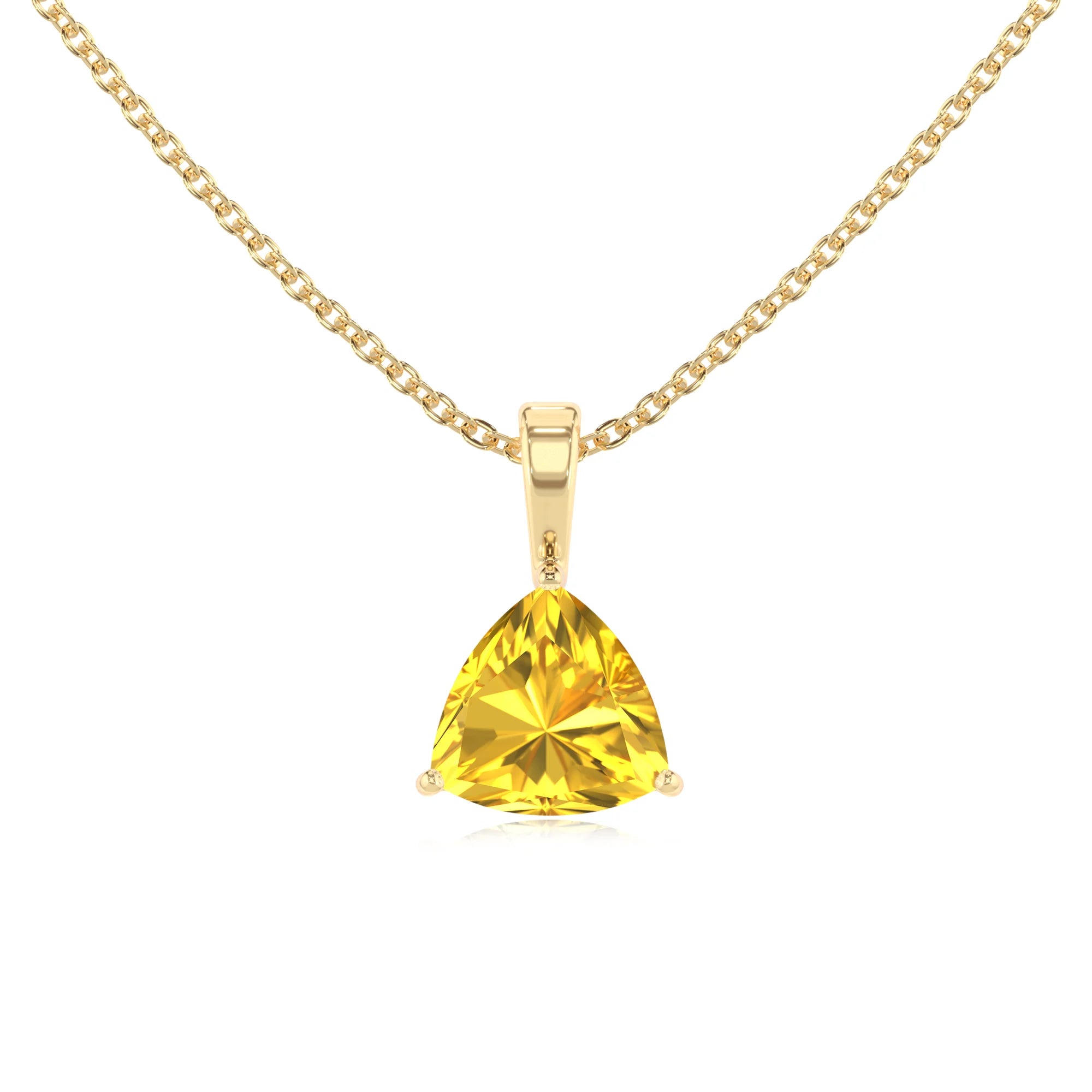 lab grown yellow-sapphire trillion solitaire necklaces in yellow gold