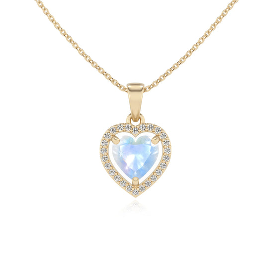 natural rainbow-moonstone heart solitaire necklaces in yellow gold