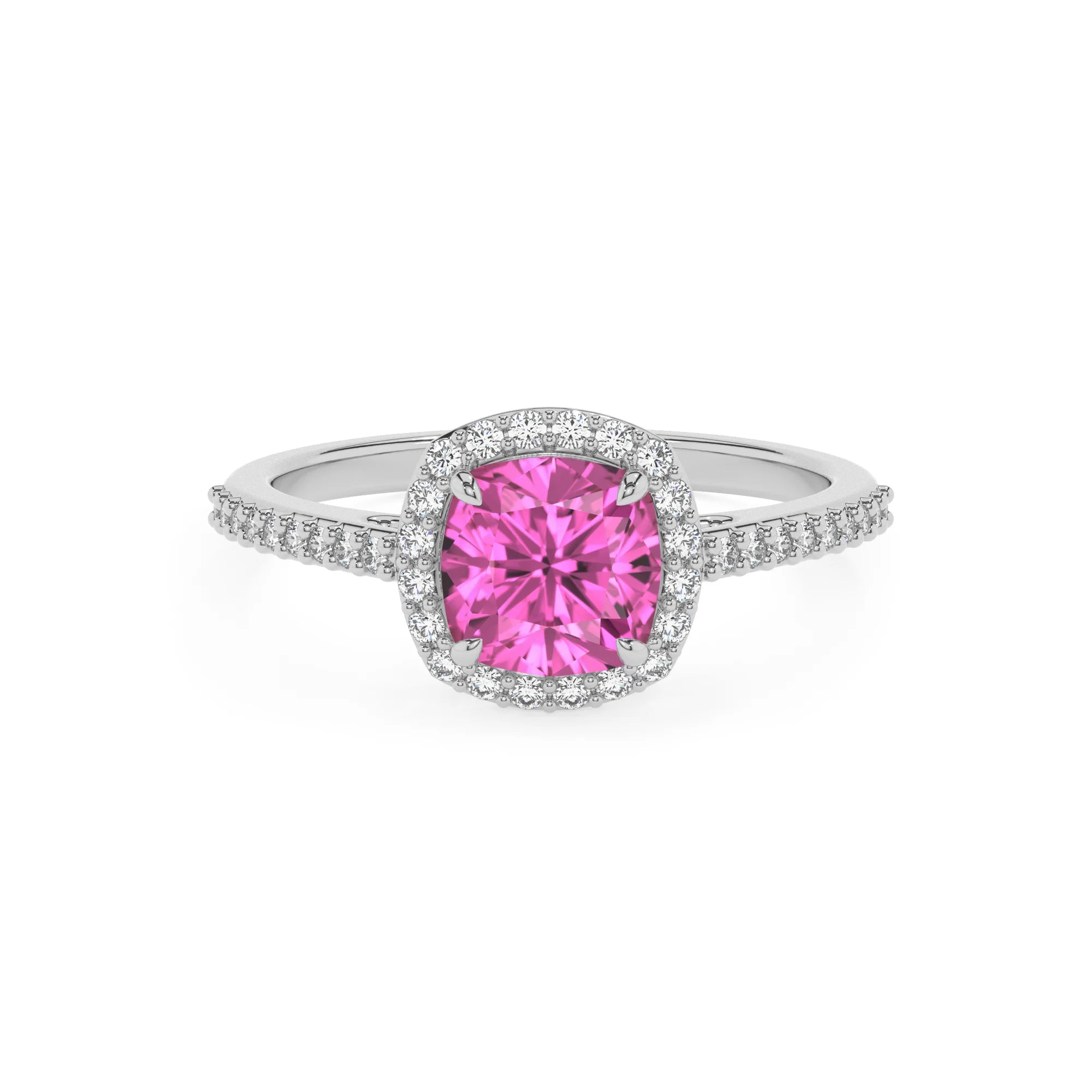 lab grown pink-sapphire cushion solitaire rings in sterling silver