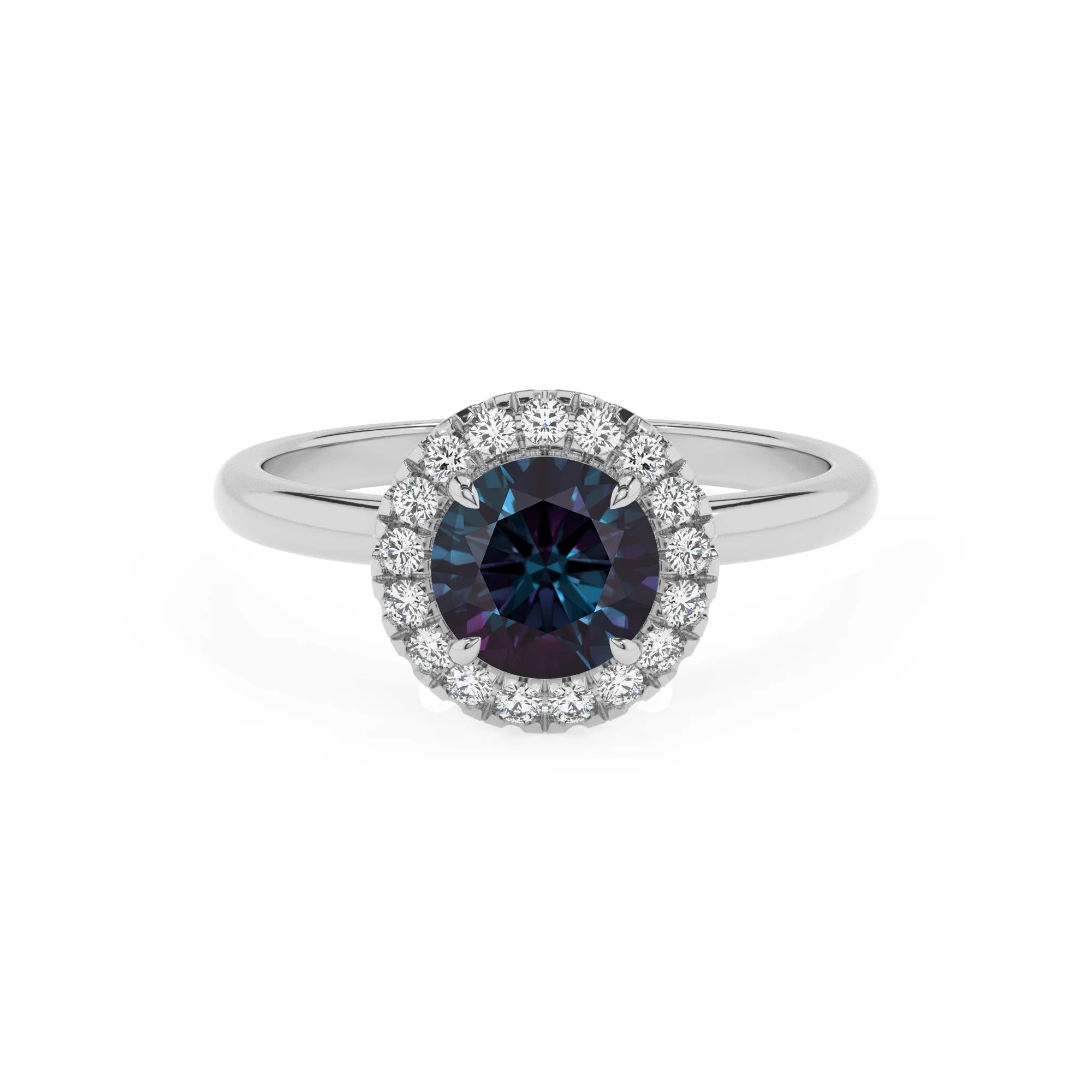 lab grown alexandrite round solitaire rings in white gold