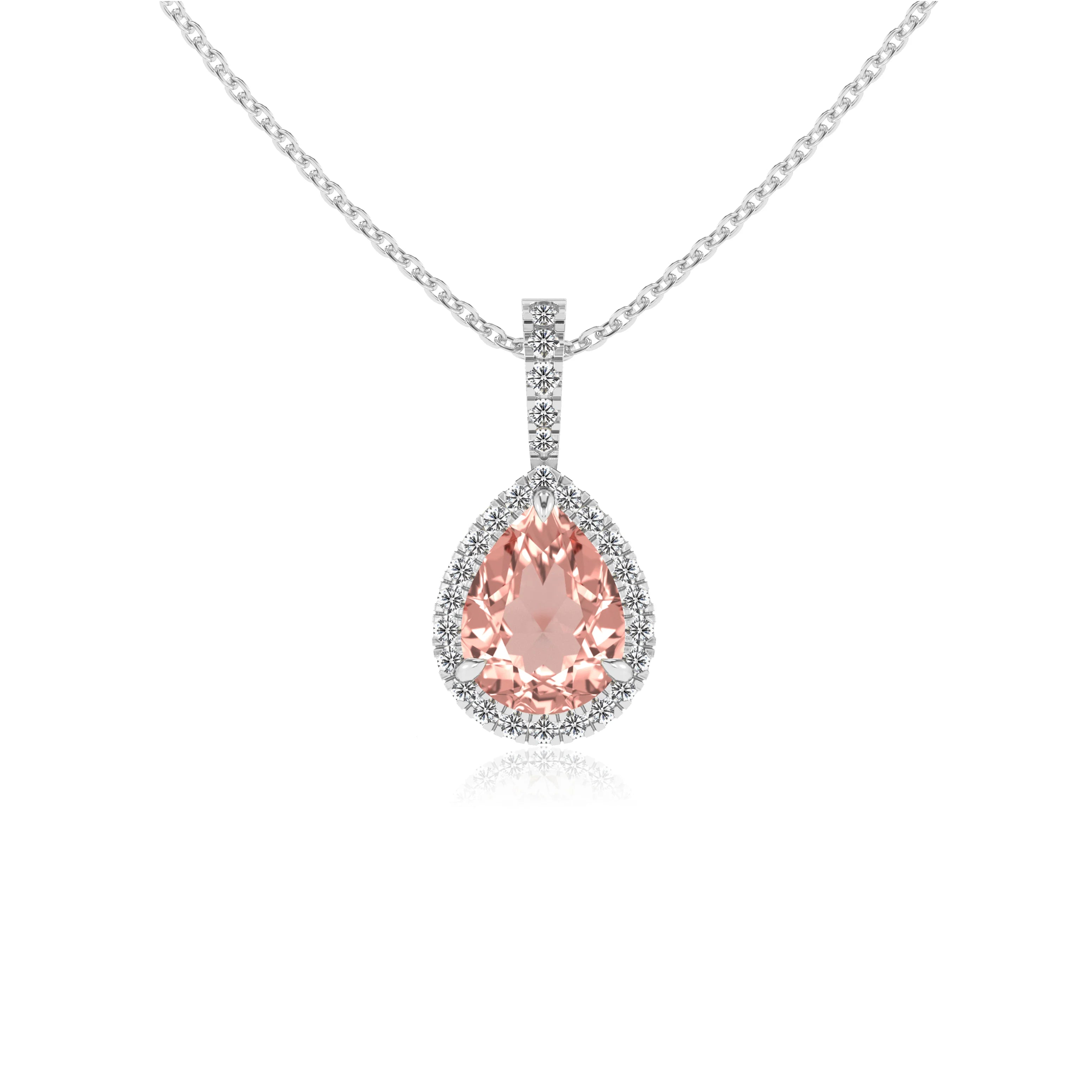 lab grown morganite pear solitaire necklaces in platinum