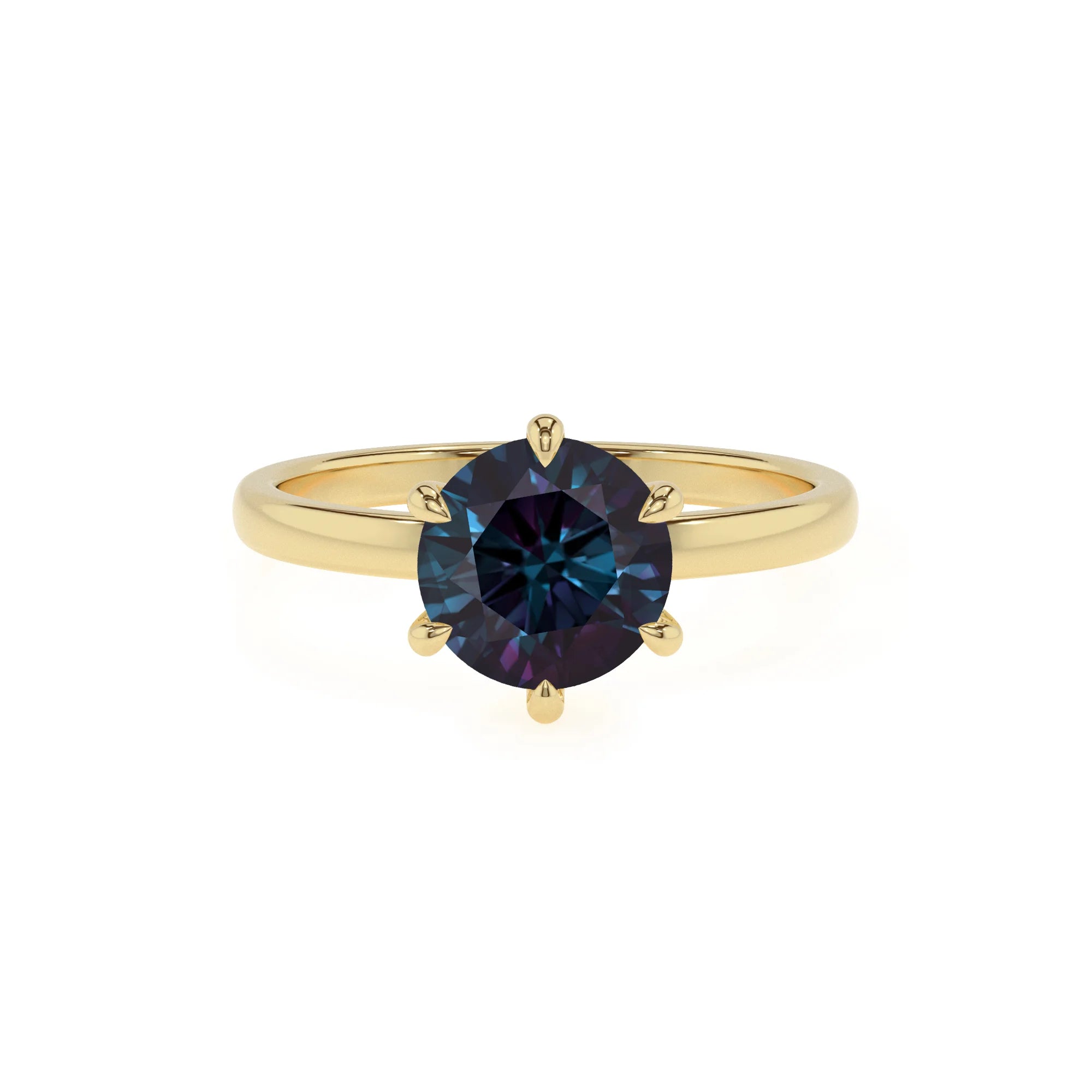 lab grown alexandrite round solitaire rings in yellow gold