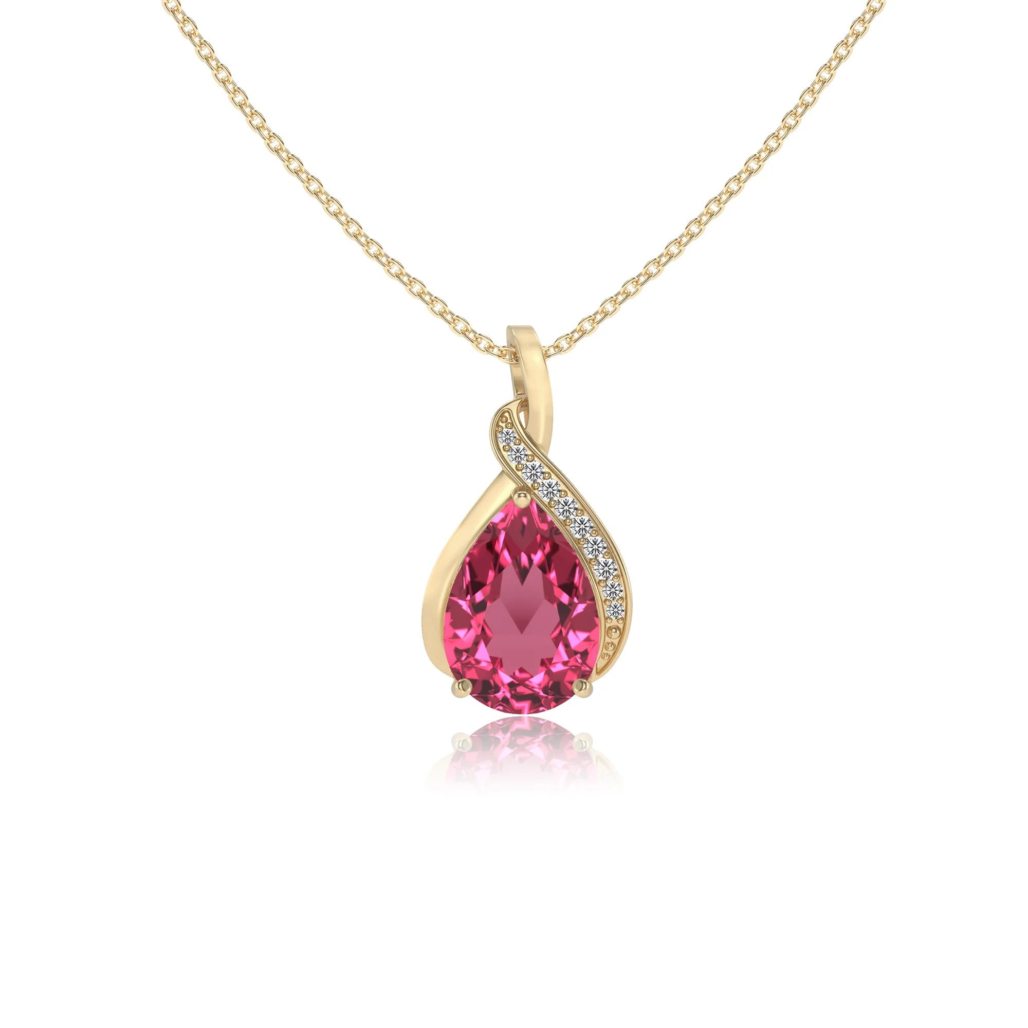 lab grown pink-tourmaline pear solitaire necklaces in yellow gold