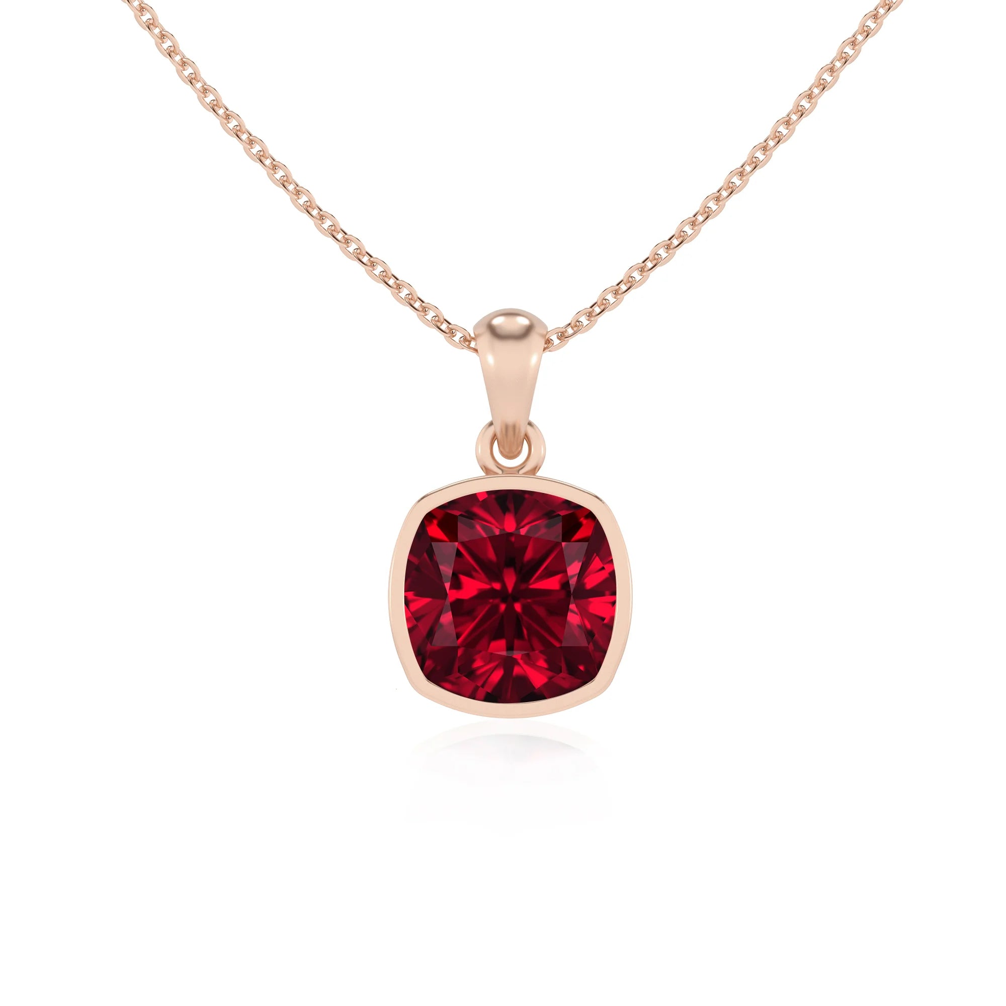 lab grown ruby cushion solitaire necklaces in rose gold