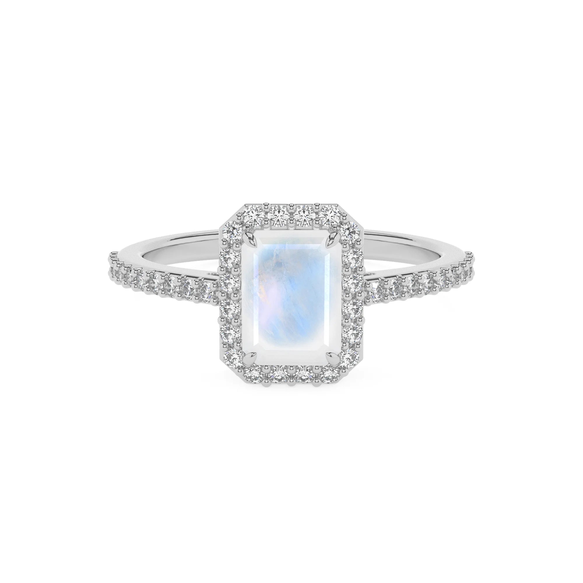 natural rainbow-moonstone emerald cut solitaire rings in platinum