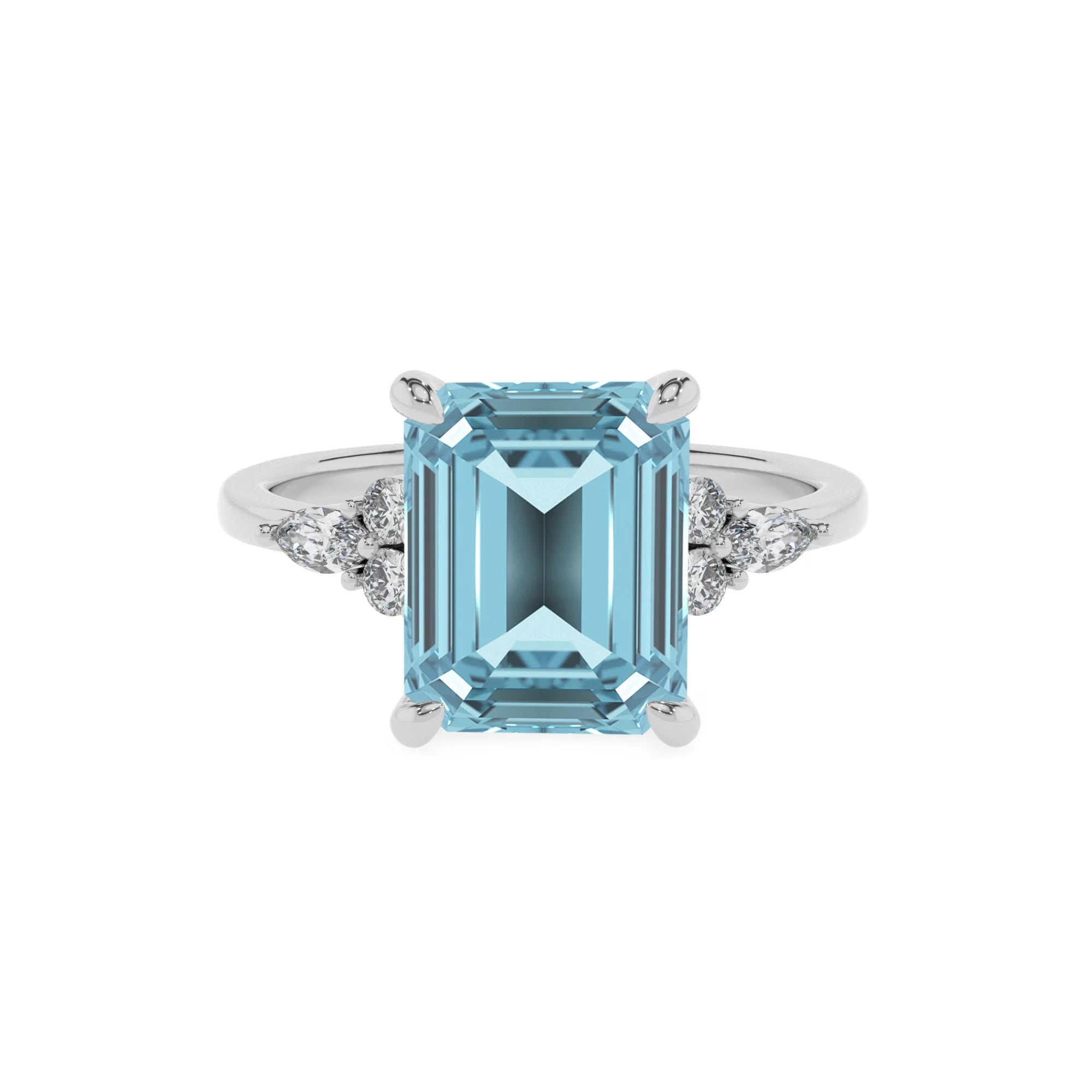 lab grown aquamarine emerald cut solitaire rings in white gold