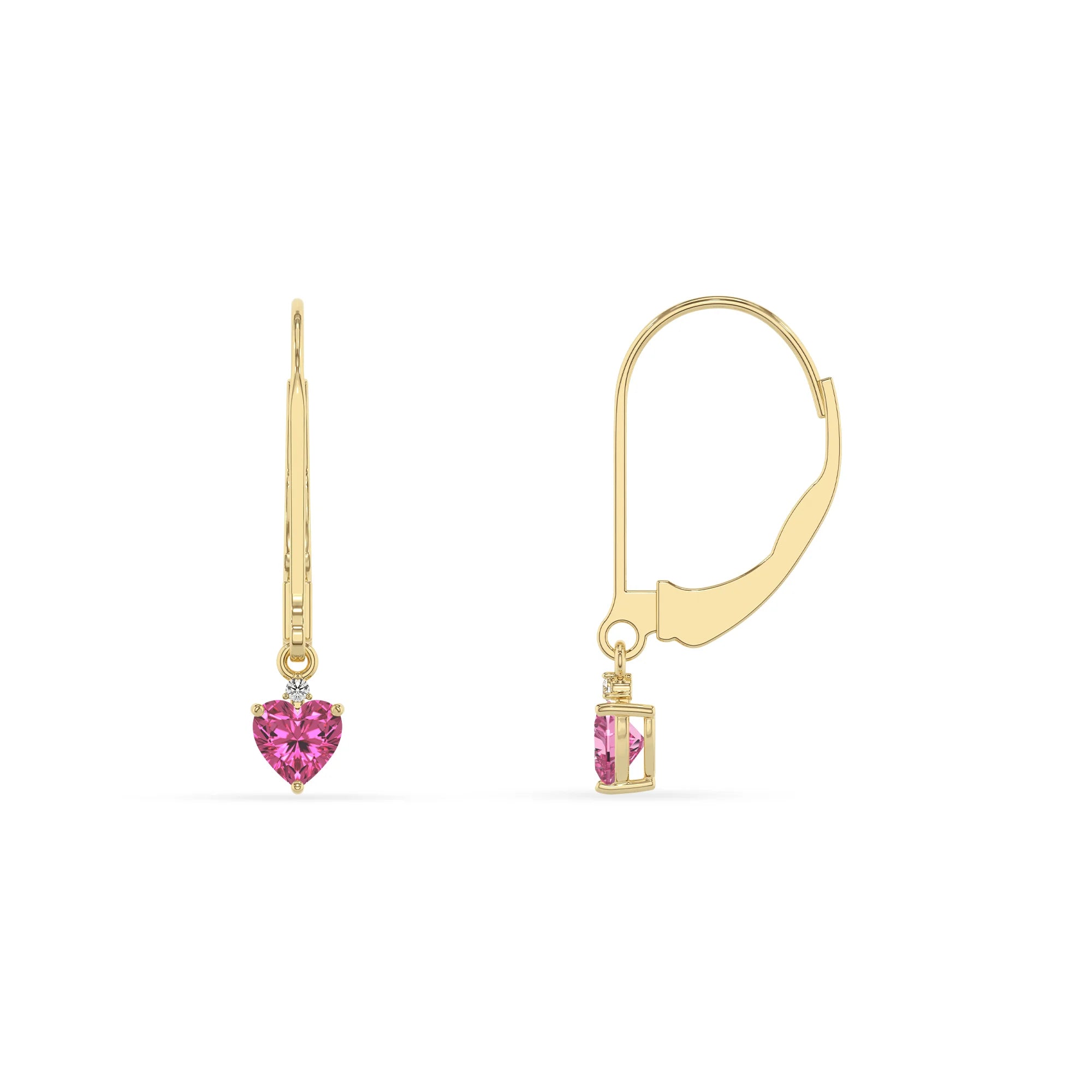 lab grown pink sapphire heart drop earrings in yellow gold