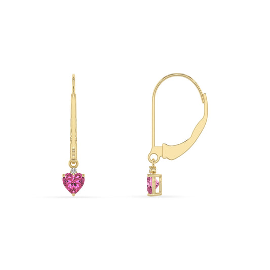 lab grown pink sapphire heart drop earrings in yellow gold