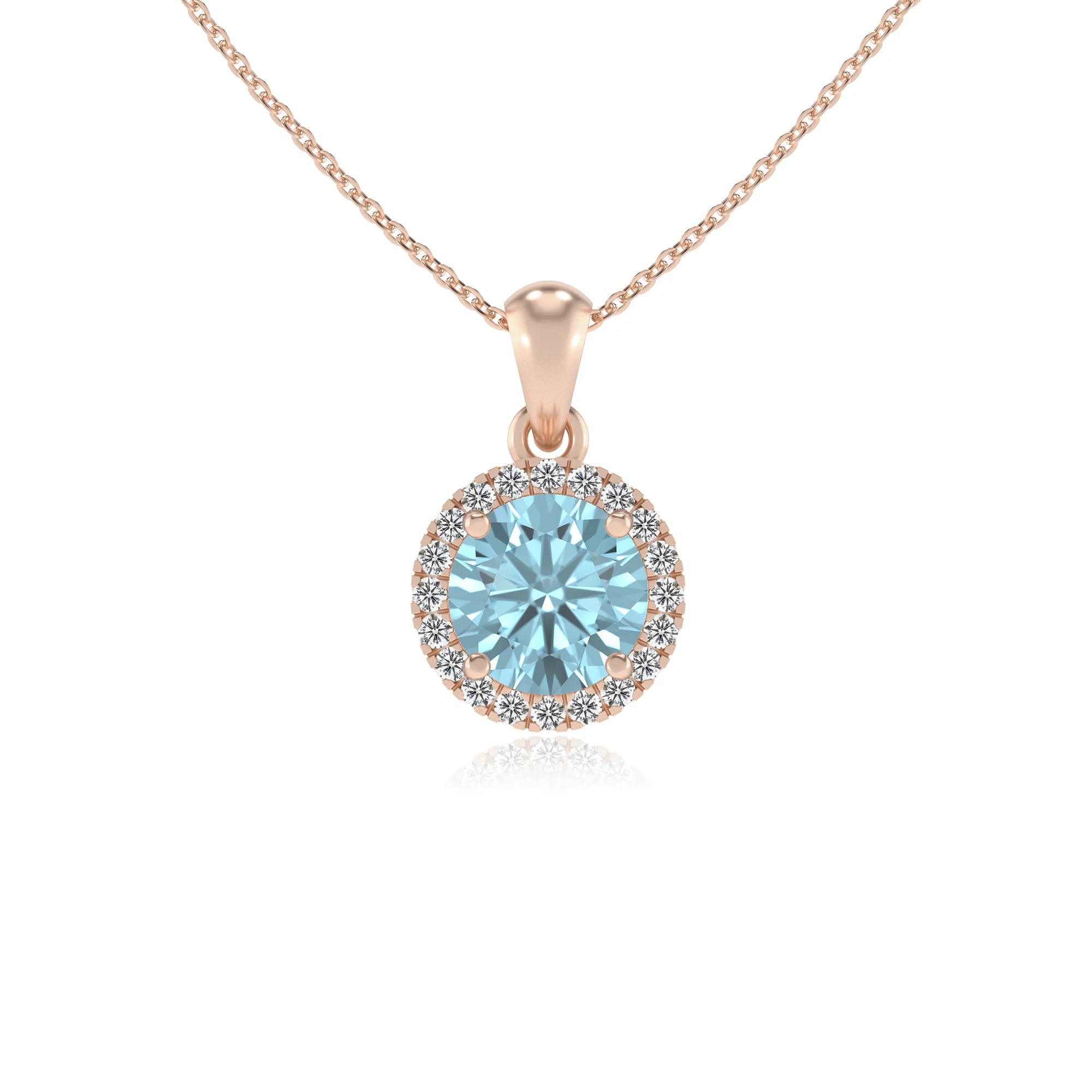 lab grown aquamarine round solitaire necklaces in rose gold