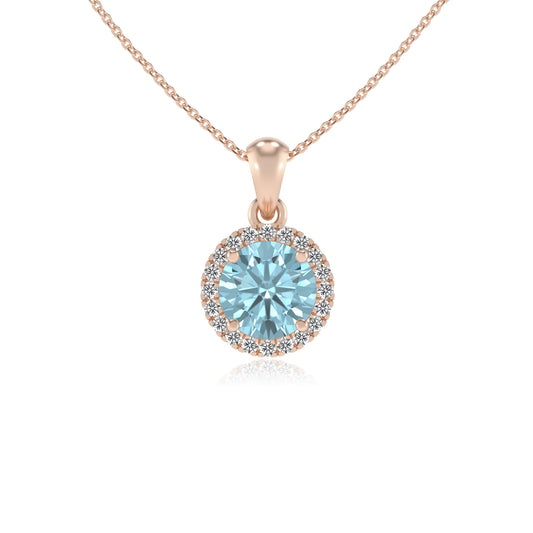 lab grown aquamarine round solitaire necklaces in rose gold