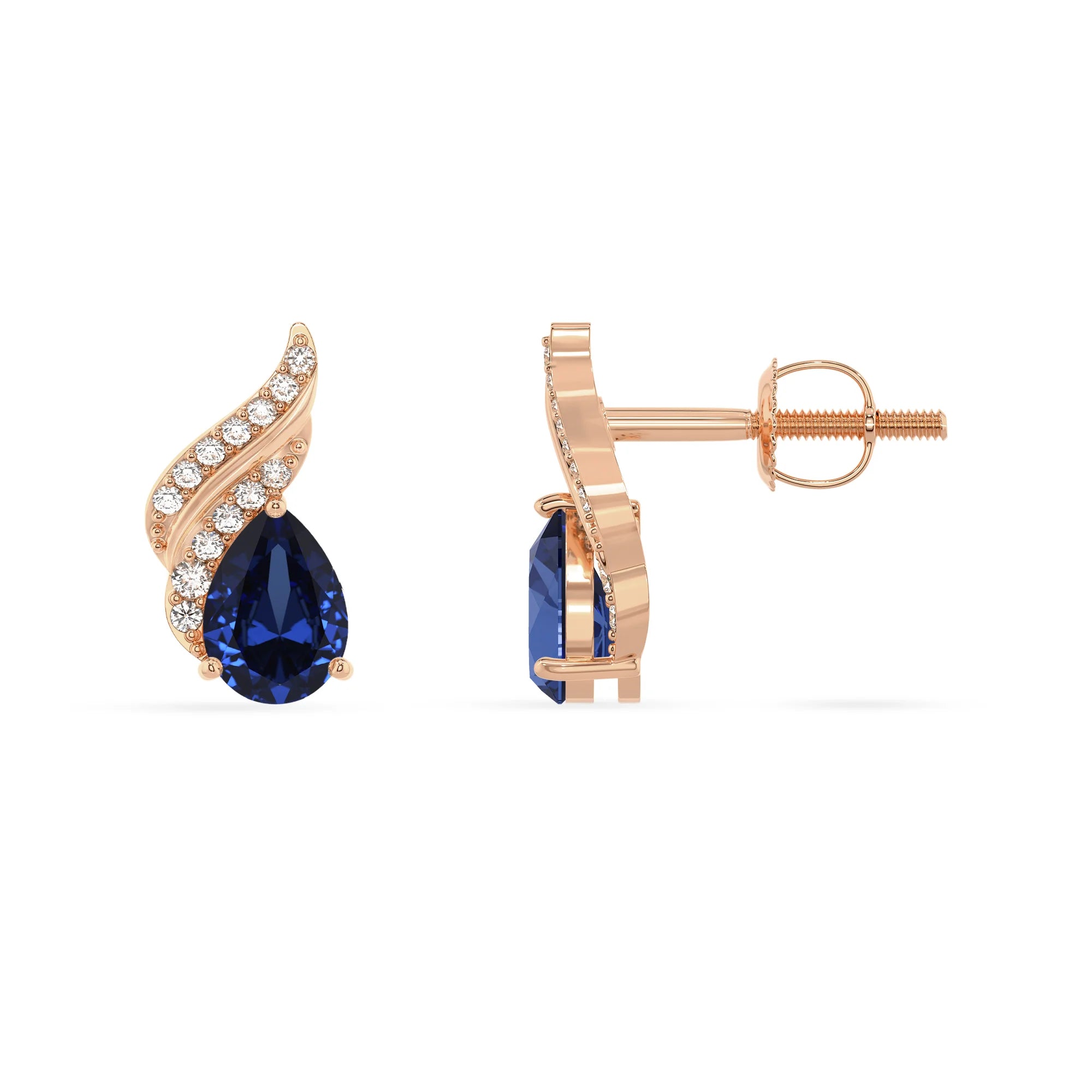 lab grown blue sapphire pear stud earrings in rose gold
