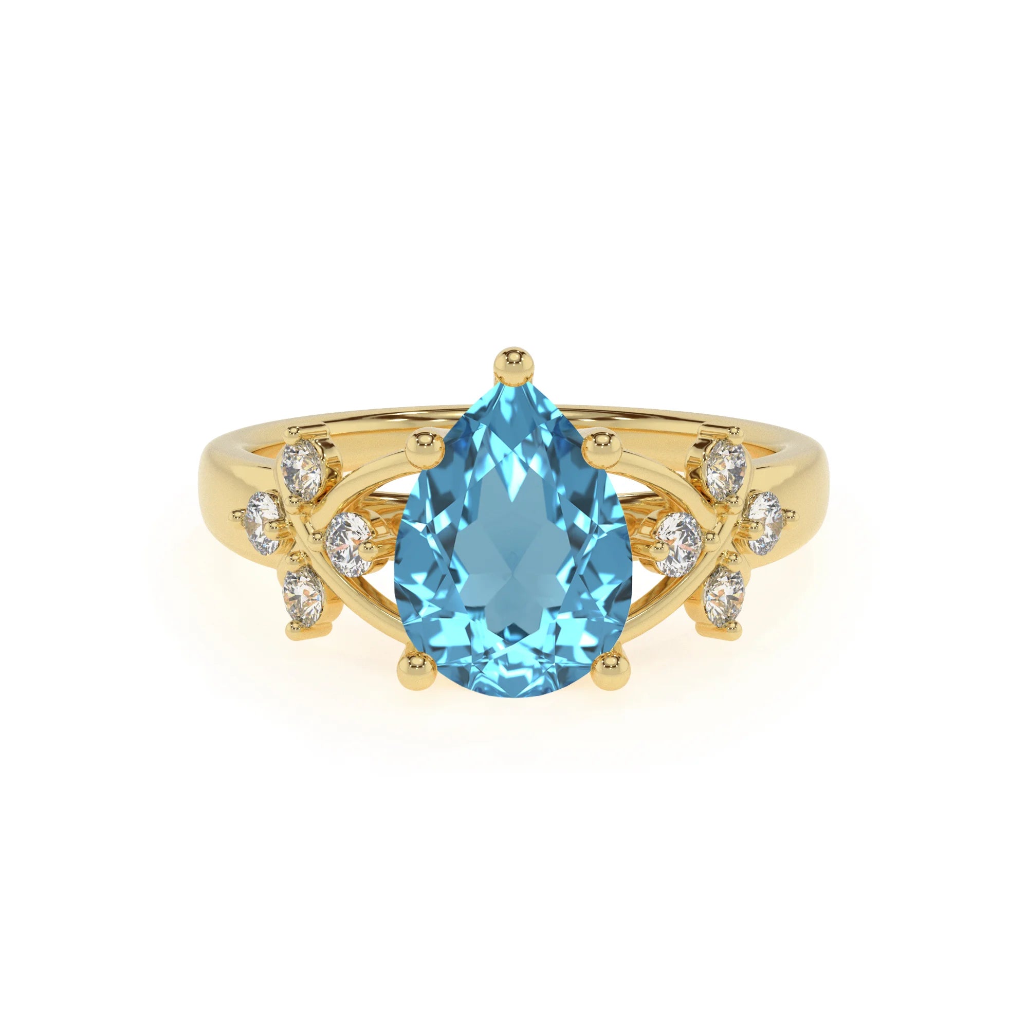 natural swiss-blue-topaz pear solitaire rings in yellow gold