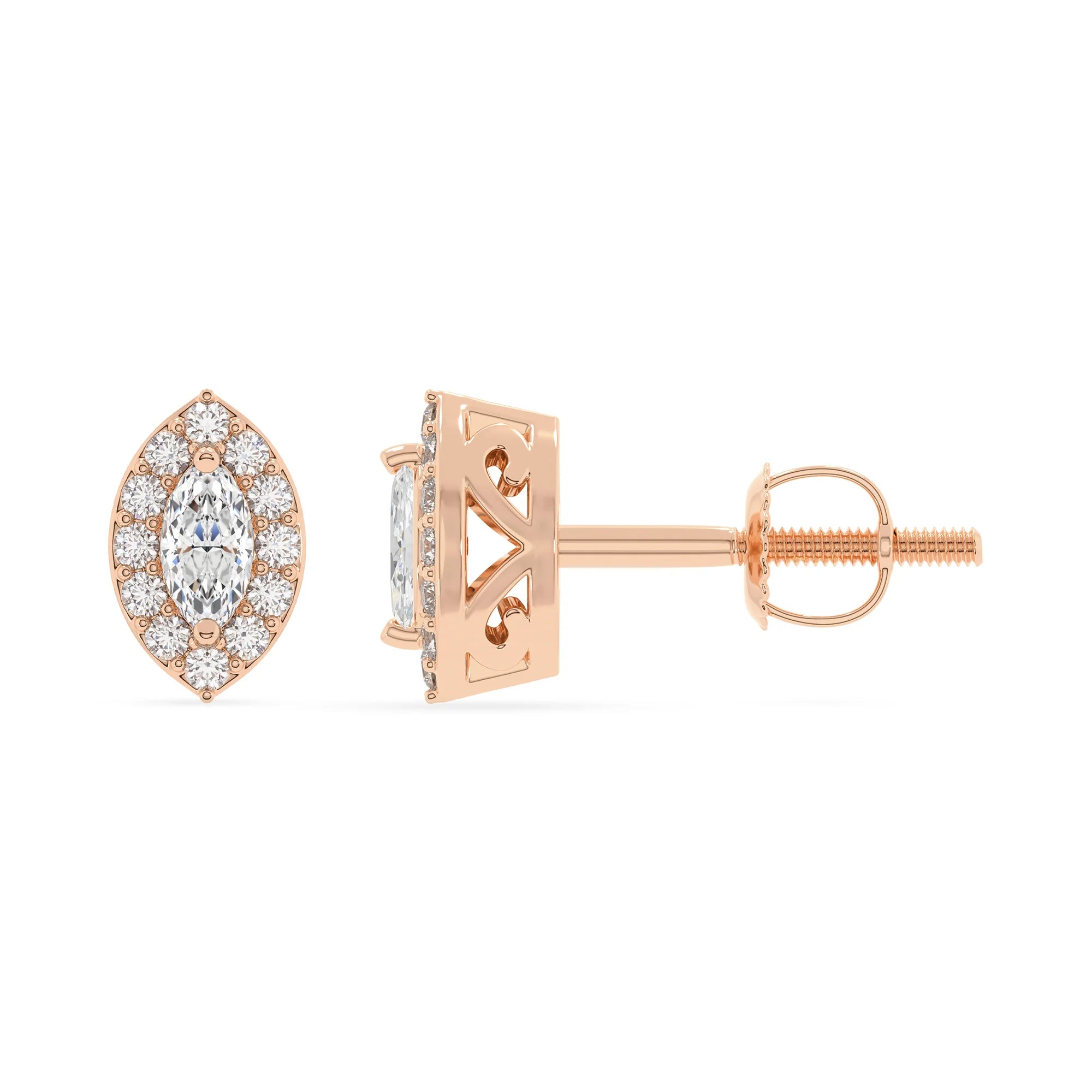 lab grown moissanite marquise stud earrings in rose gold