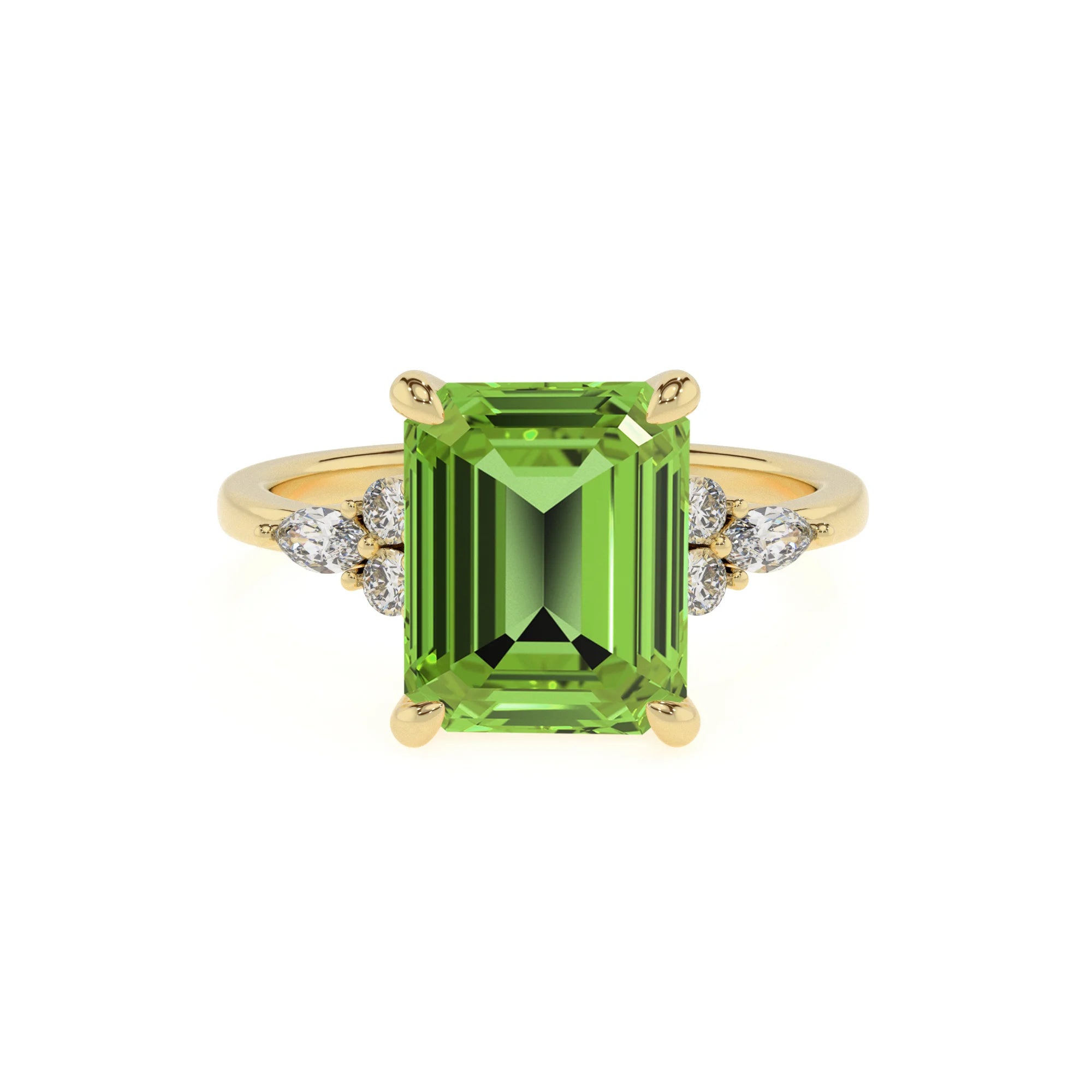 natural peridot emerald cut solitaire rings in yellow gold