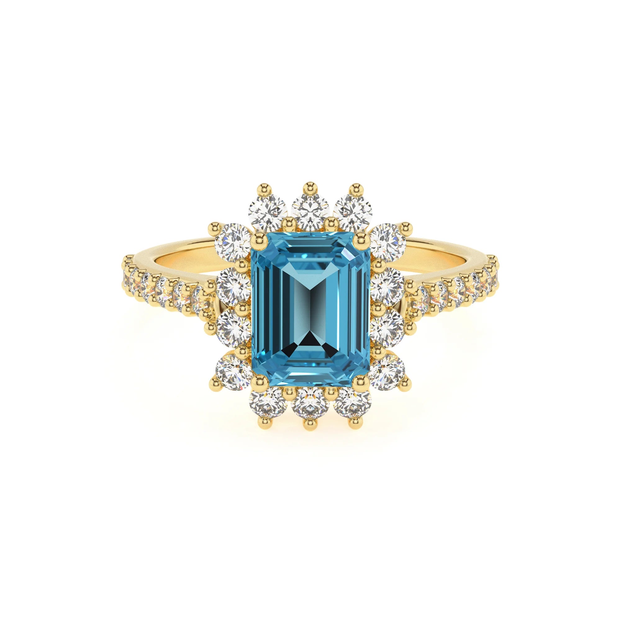 natural swiss-blue-topaz emerald cut solitaire rings in yellow gold