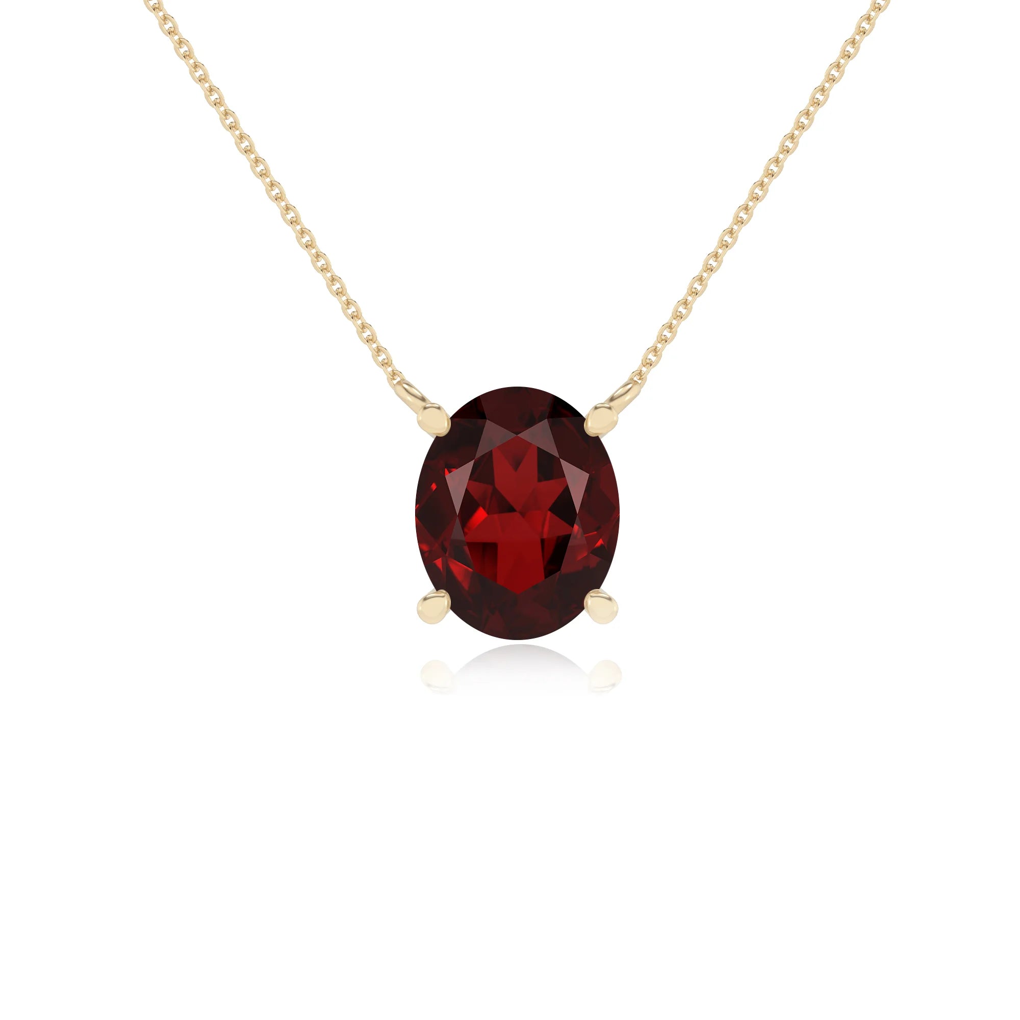 natural garnet oval solitaire necklaces in yellow gold