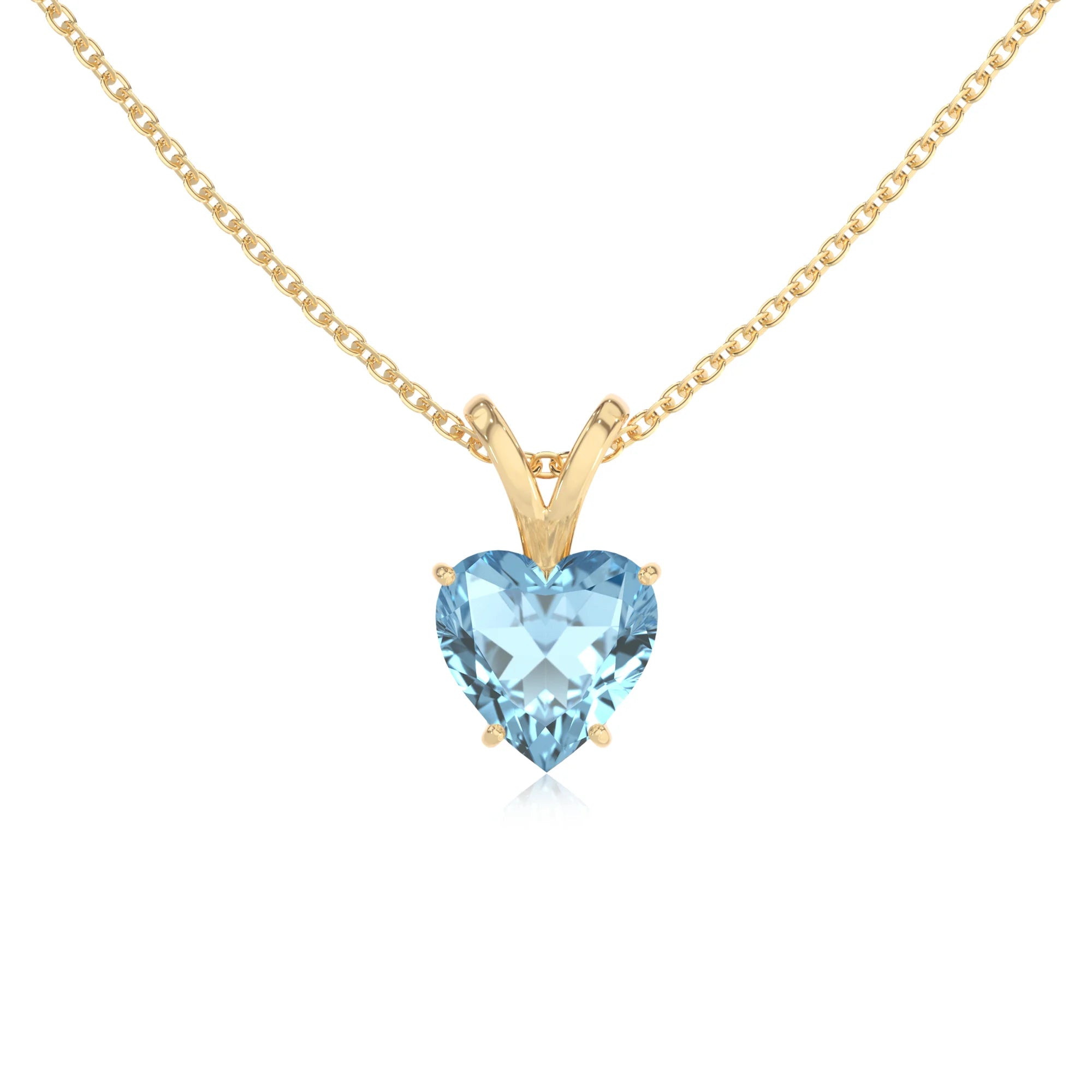 lab grown aquamarine heart solitaire v-bale necklaces in yellow gold