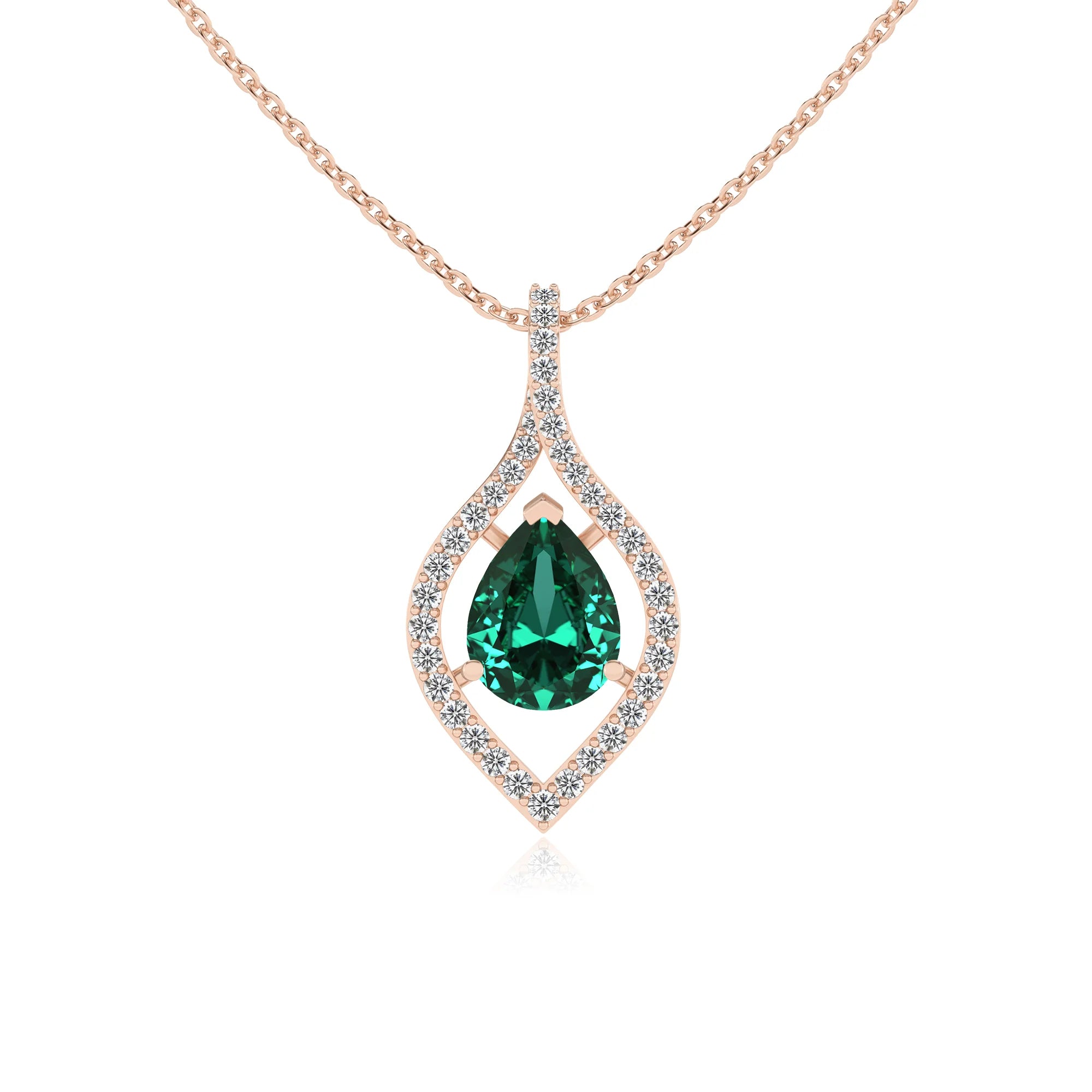 lab grown emerald pear infinity necklaces in rose gold