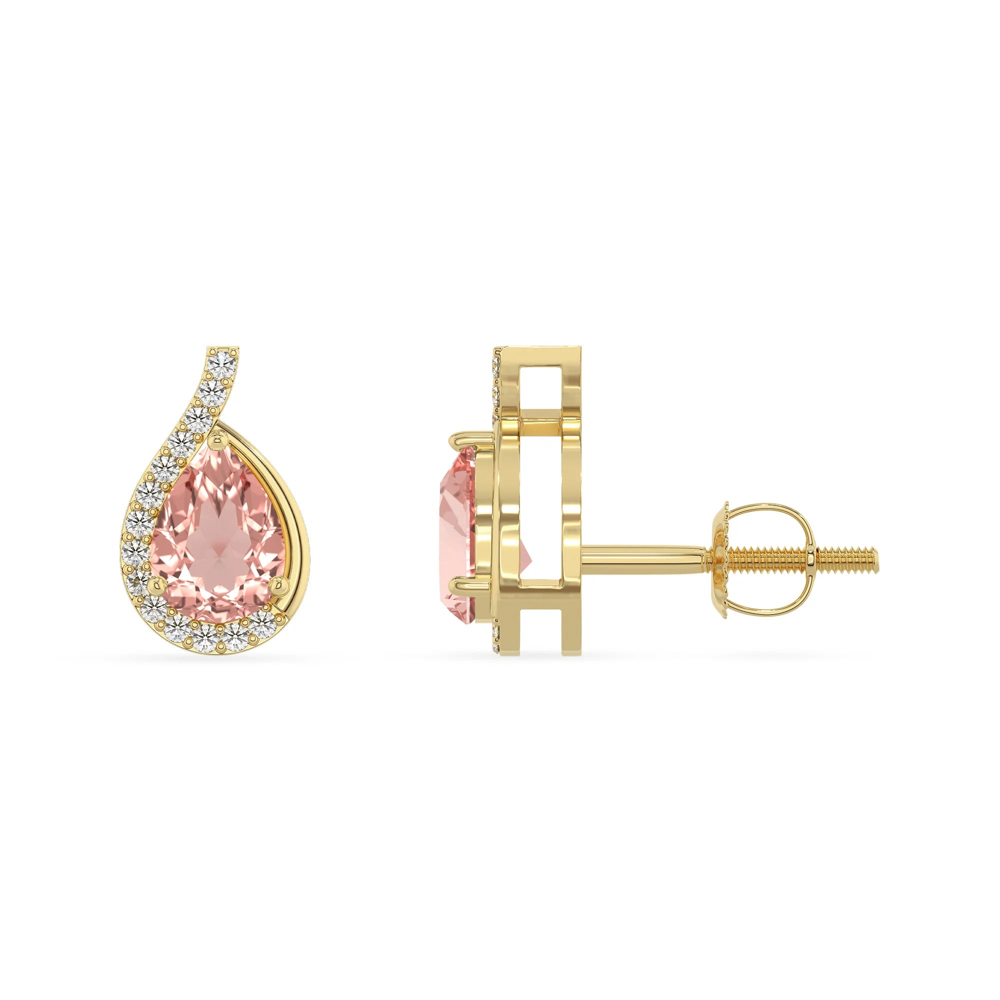 lab grown morganite pear stud earrings in yellow gold