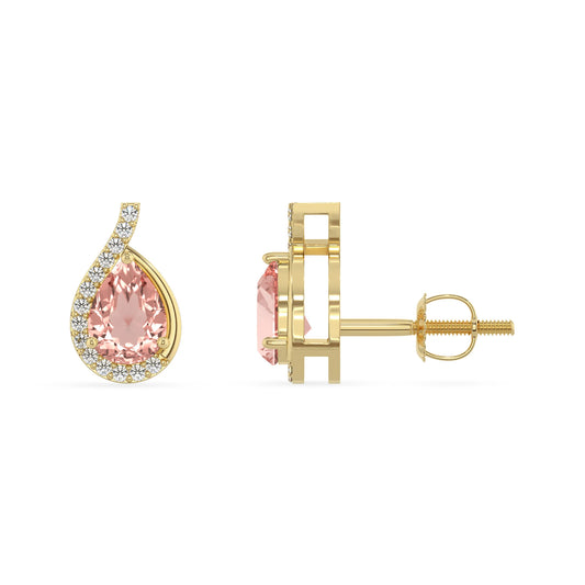 lab grown morganite pear stud earrings in yellow gold