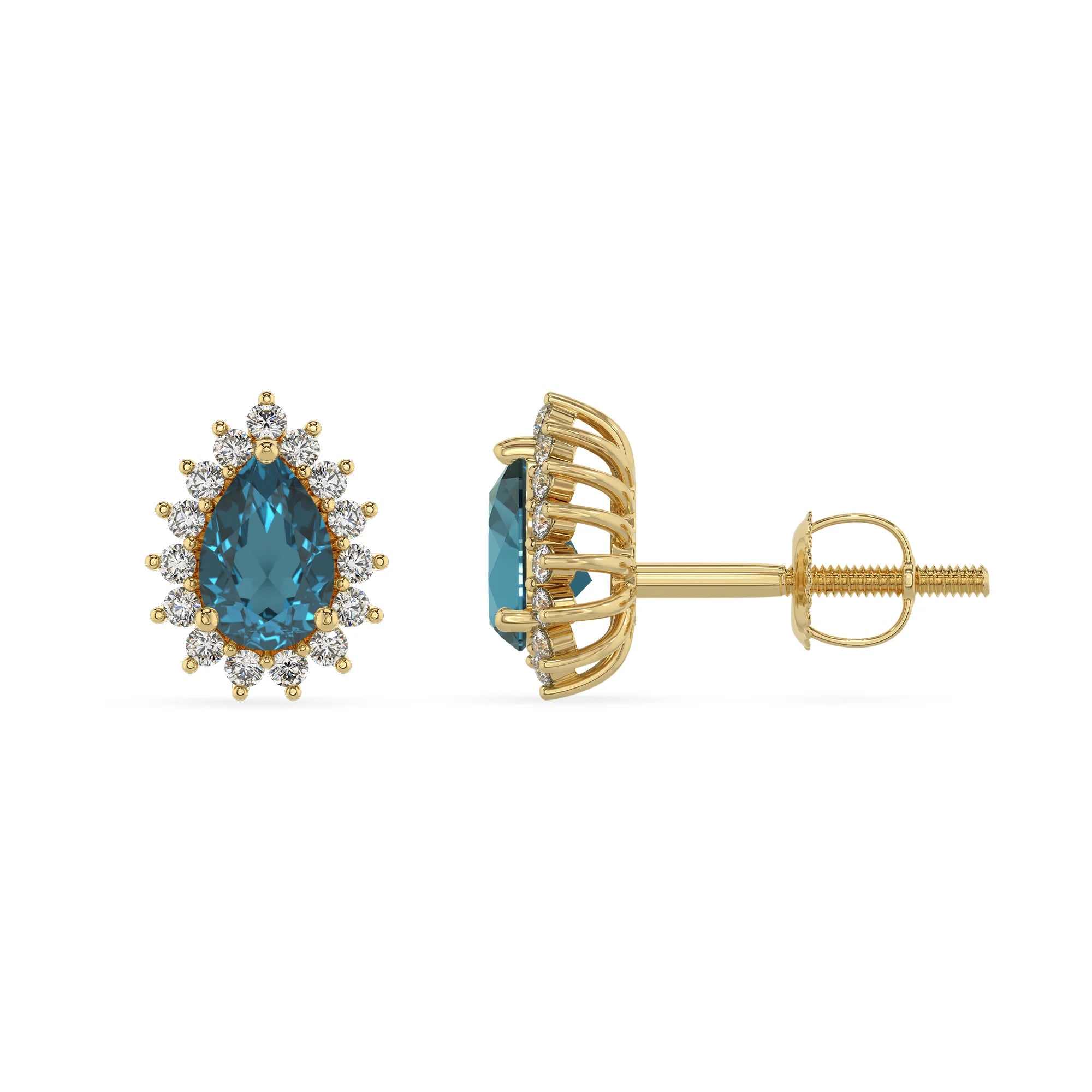 natural london blue topaz pear stud earrings in yellow gold