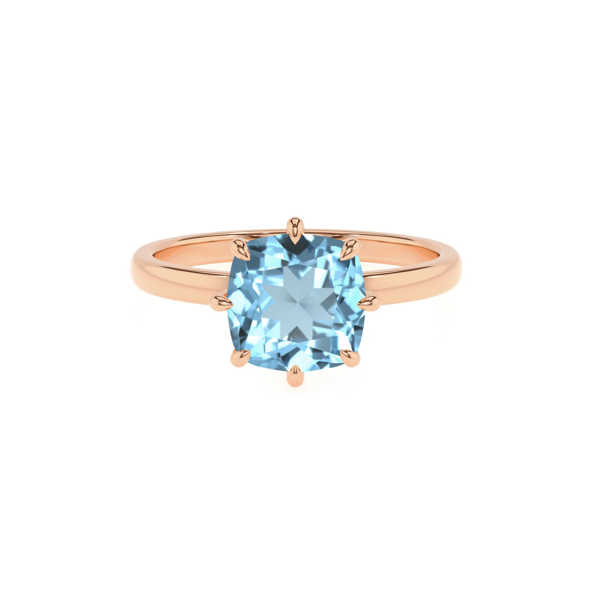lab grown aquamarine cushion solitaire rings in rose gold
