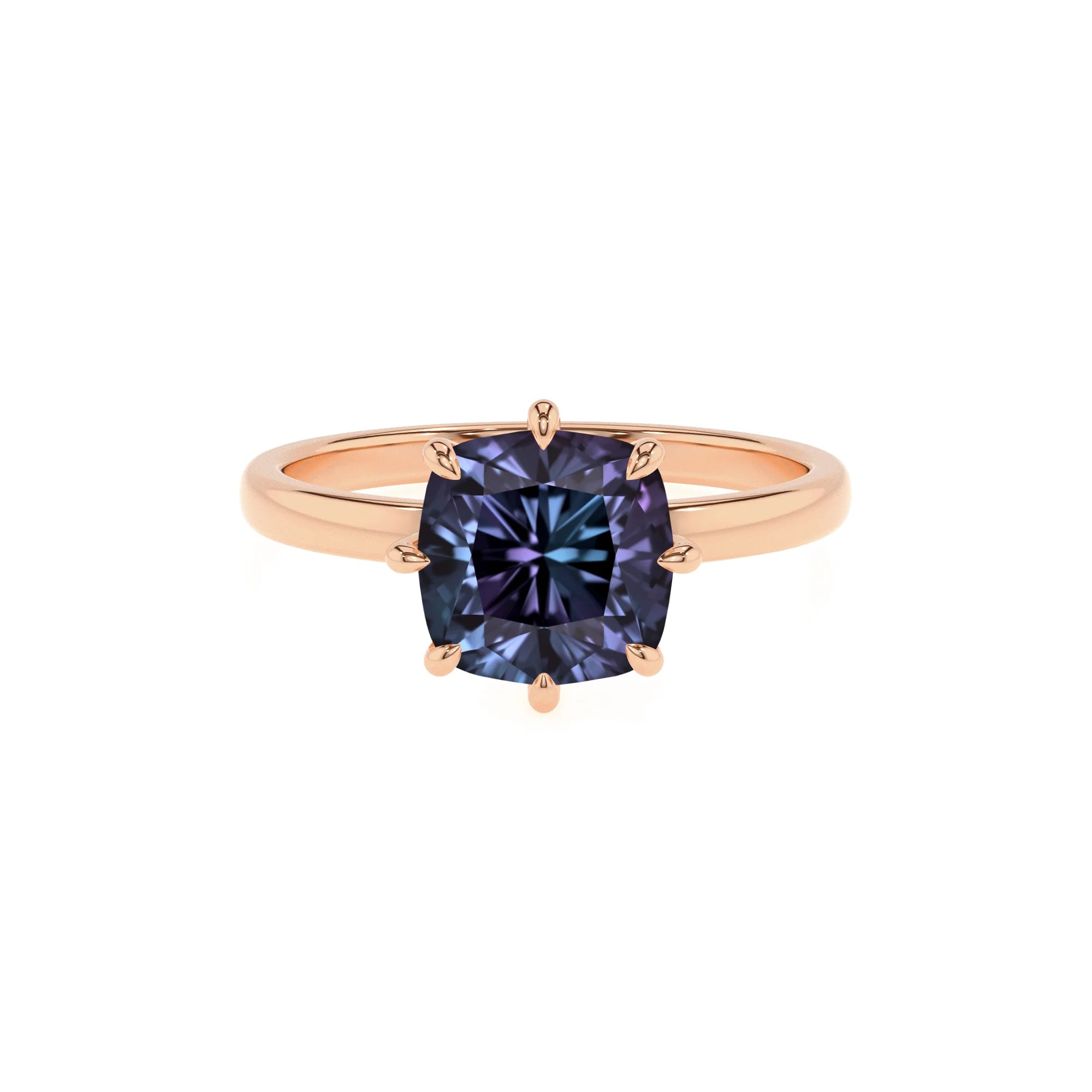 lab grown alexandrite cushion solitaire rings in rose gold