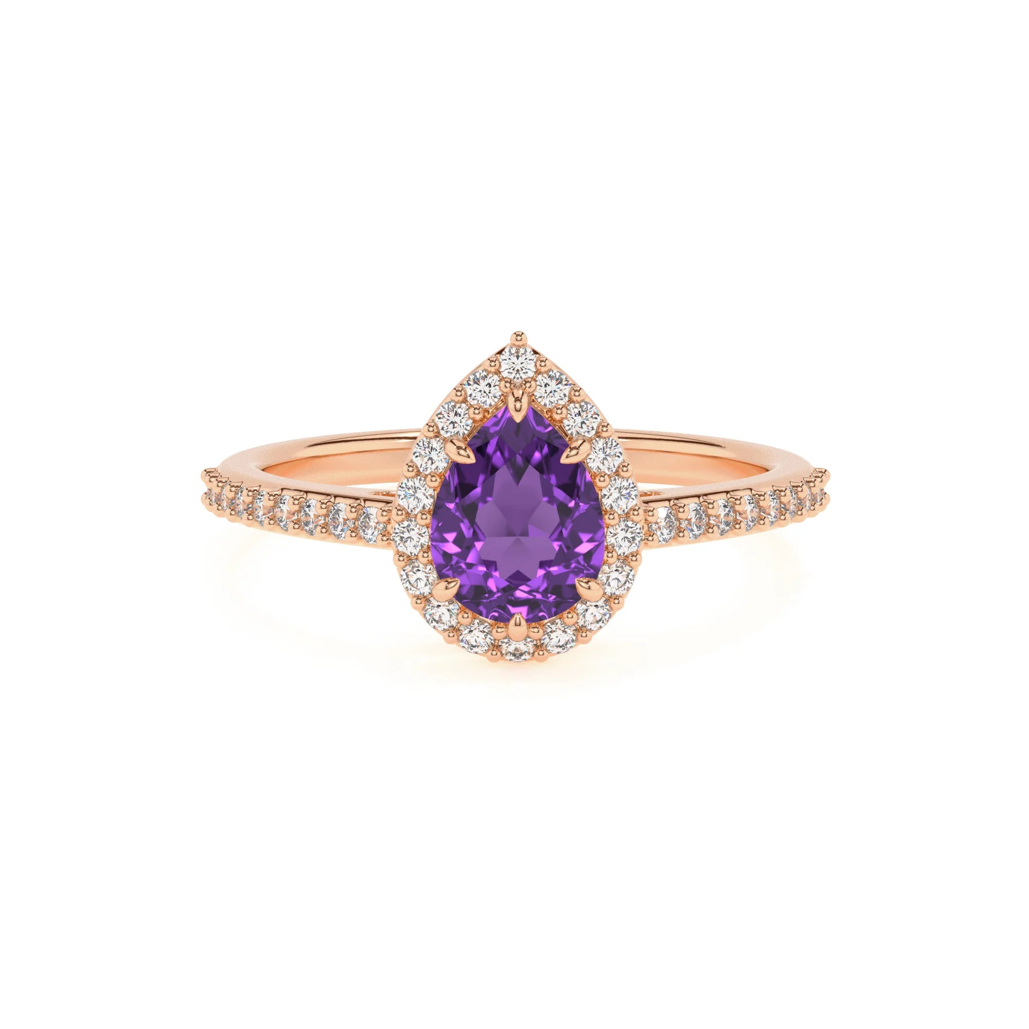 lab grown amethyst pear solitaire rings in rose gold