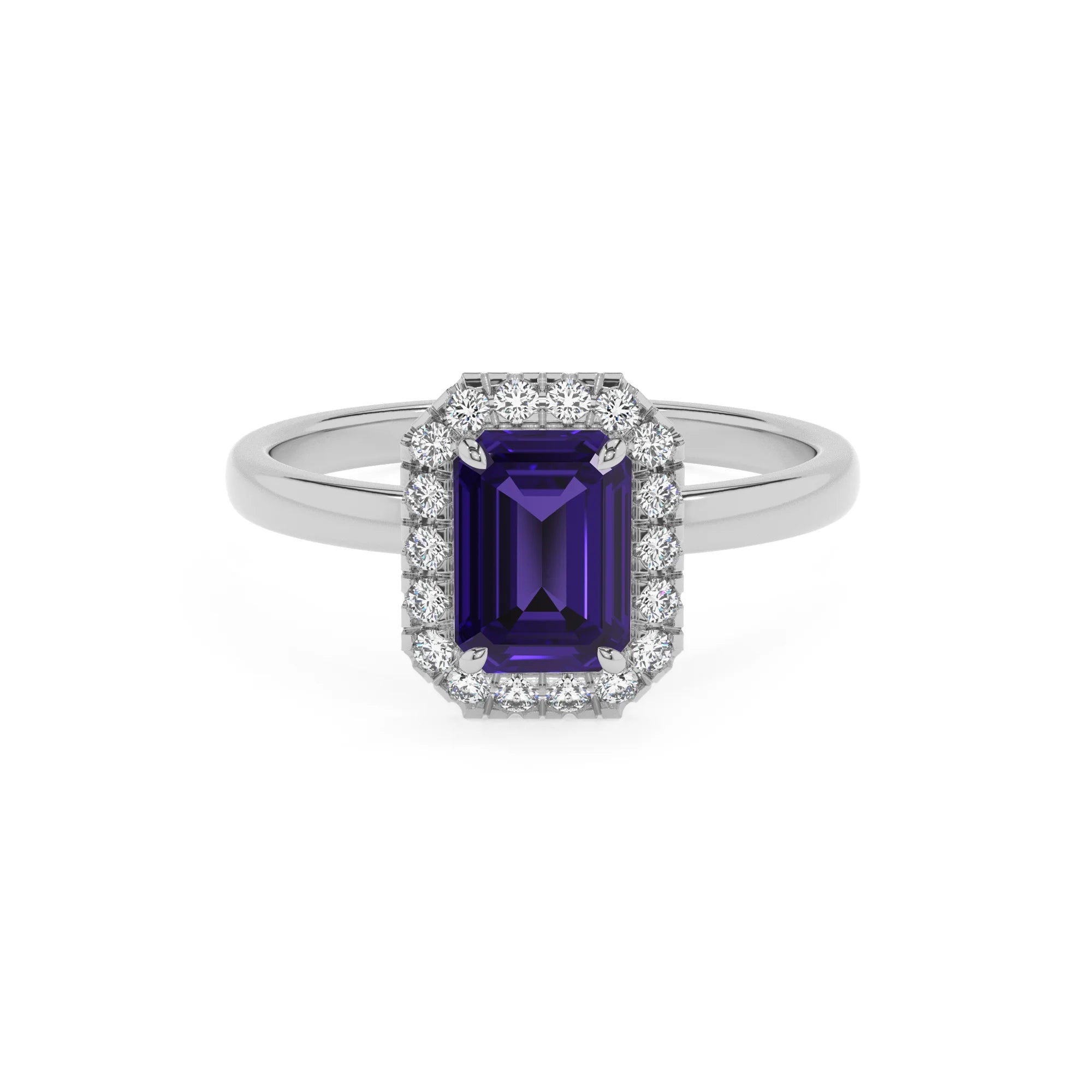 lab grown tanzanite emerald cut solitaire rings in white gold