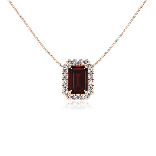 natural garnet emerald cut solitaire necklaces in rose gold