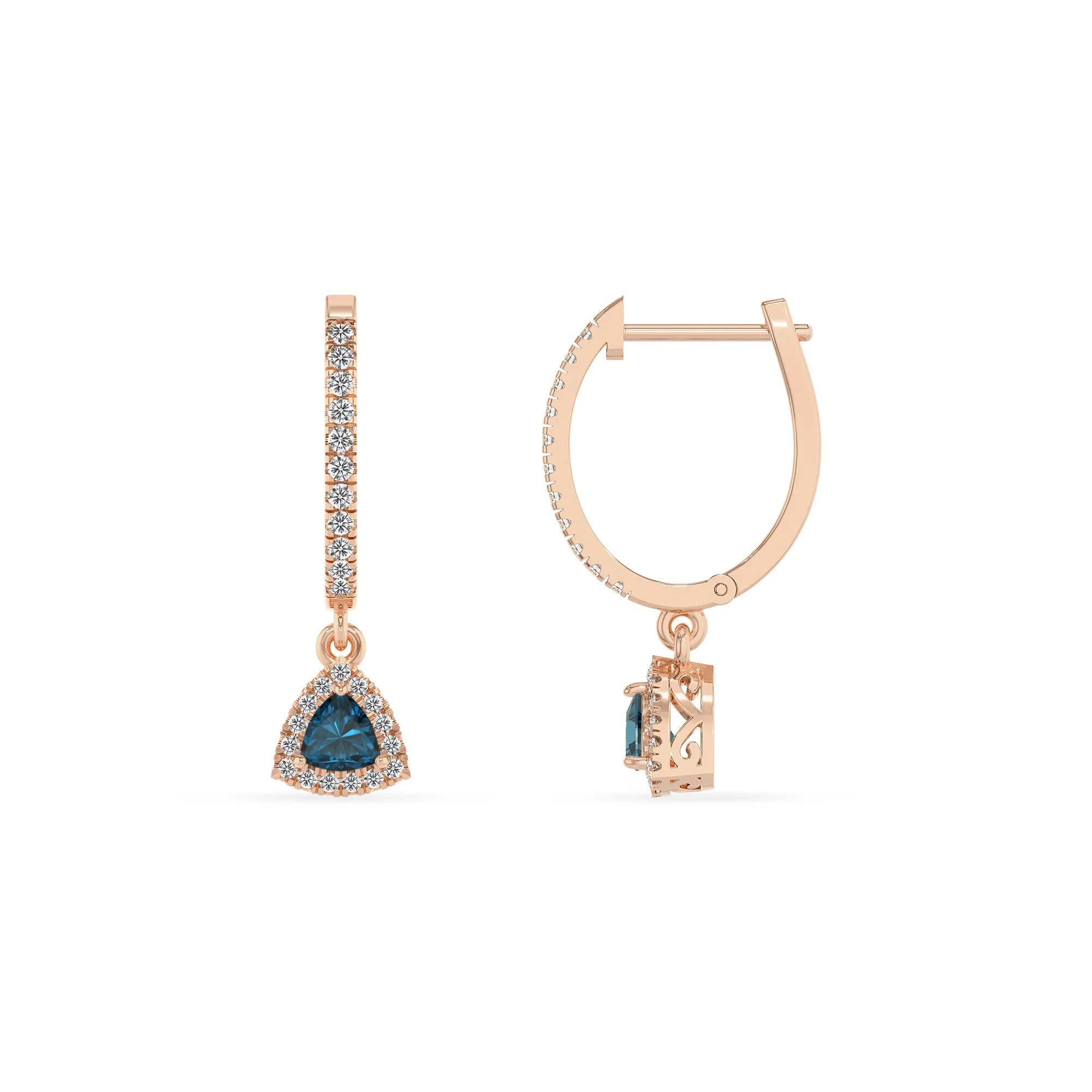 natural london blue topaz trillion drop earrings in rose gold