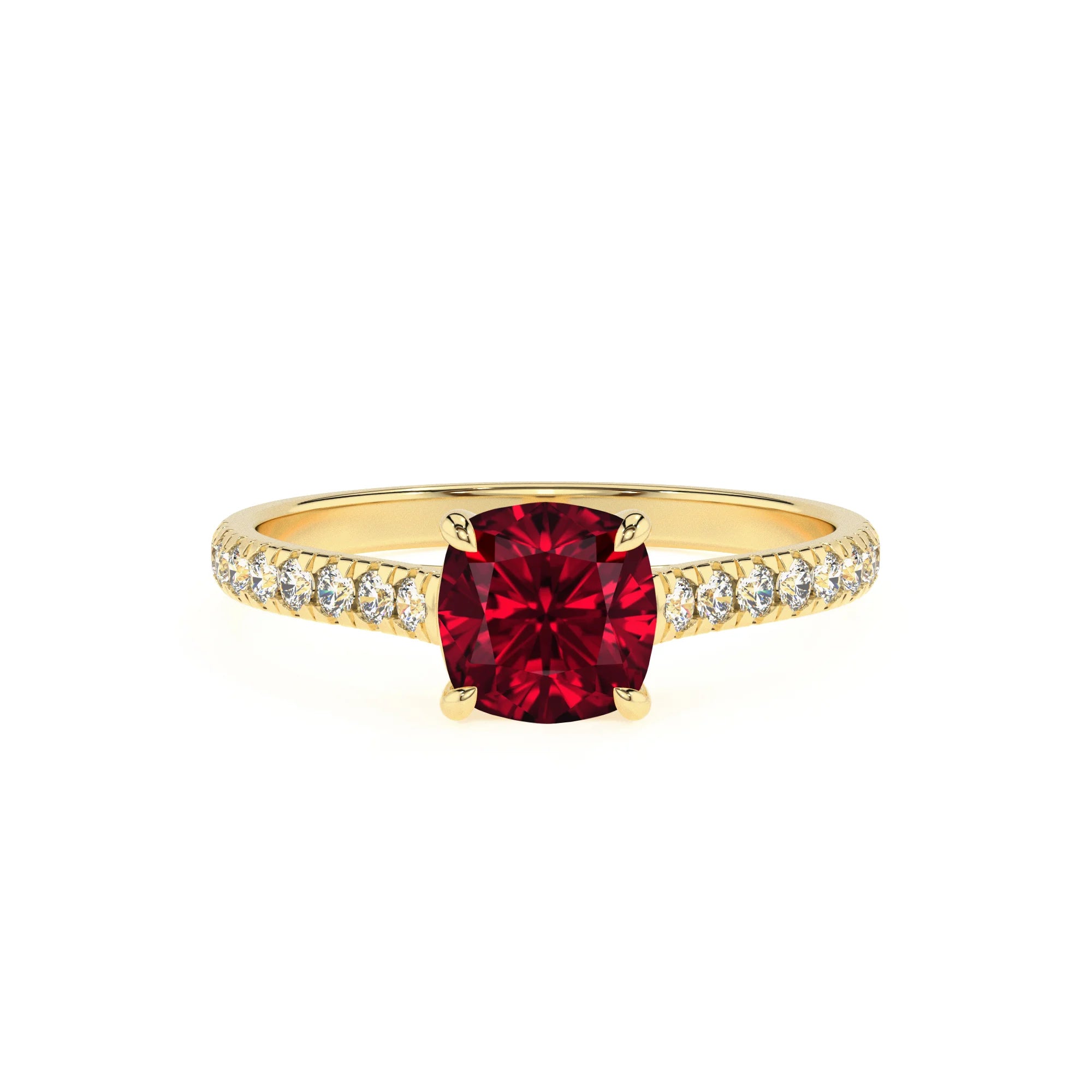 lab grown ruby cushion half eternity solitaire engagement rings in yellow gold