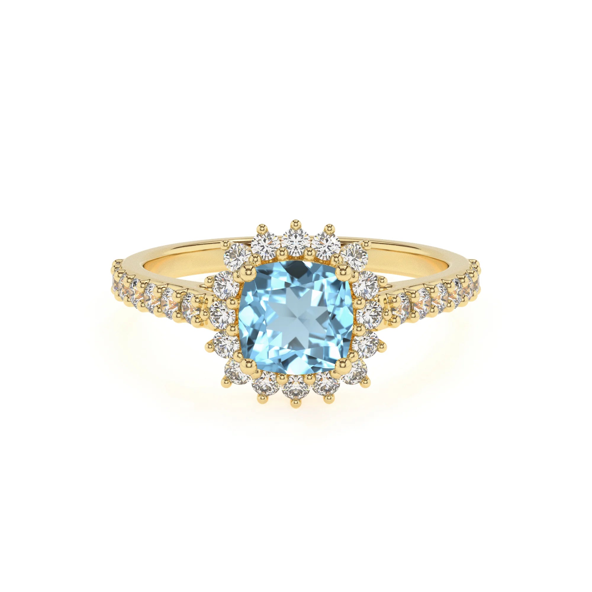 lab grown aquamarine cushion solitaire rings in yellow gold