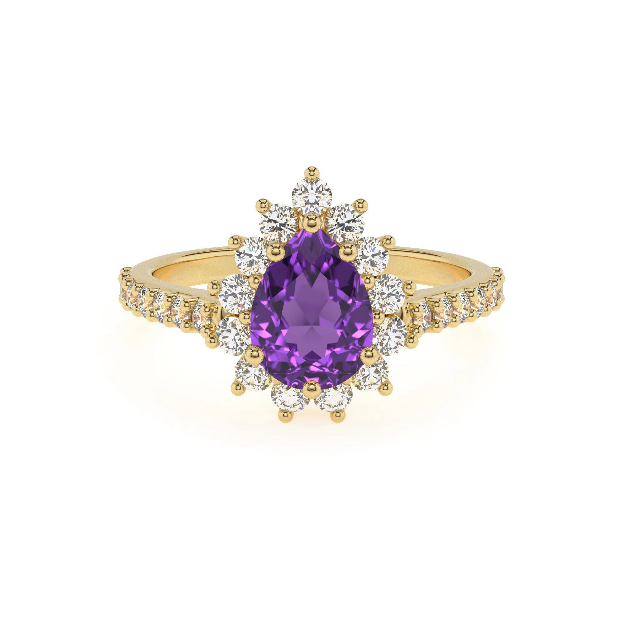 lab grown amethyst pear solitaire rings in yellow gold