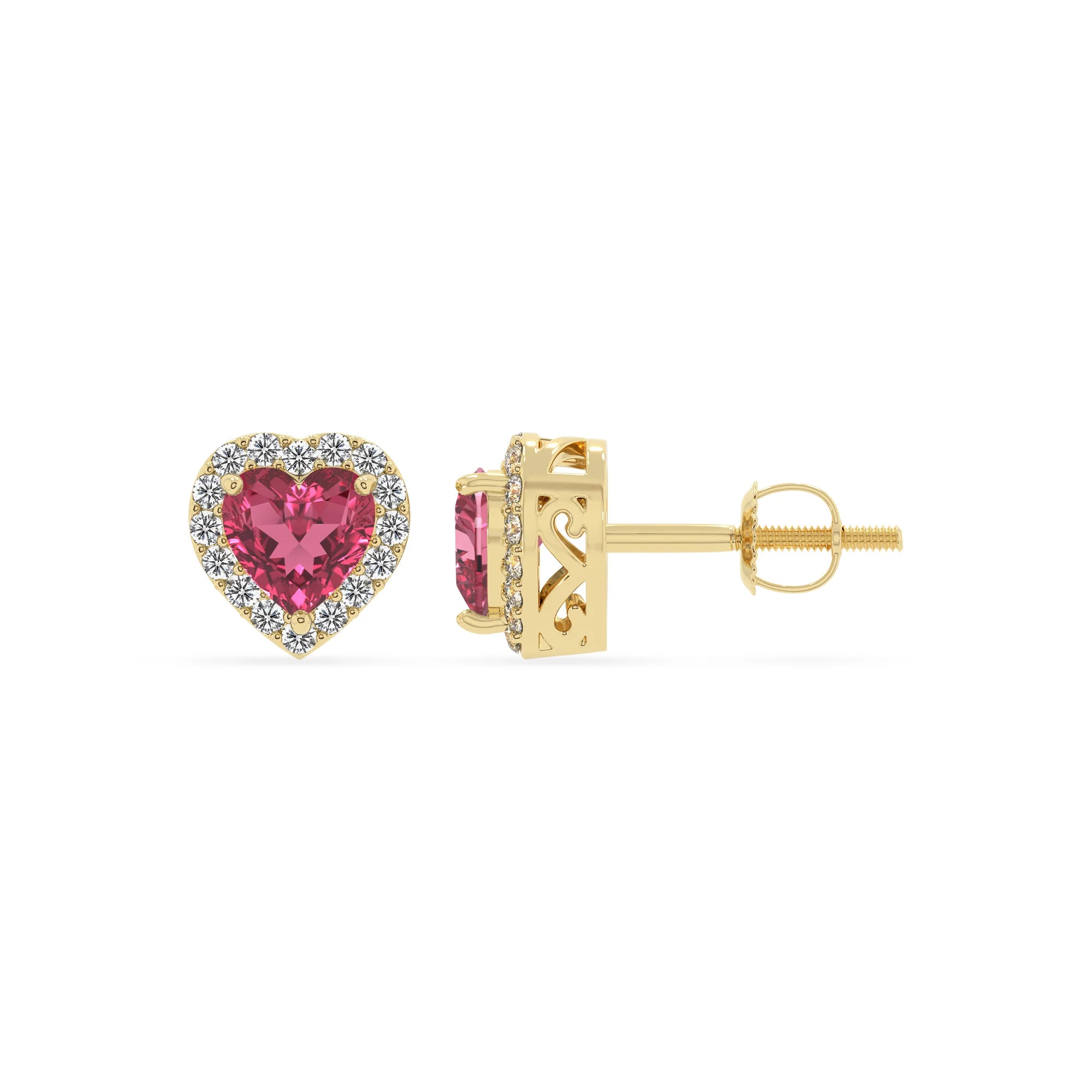 lab grown pink tourmaline heart stud earrings in yellow gold