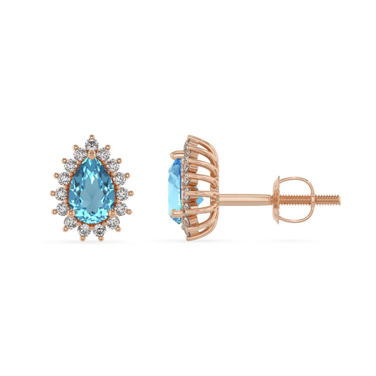 natural swiss blue topaz pear stud earrings in rose gold