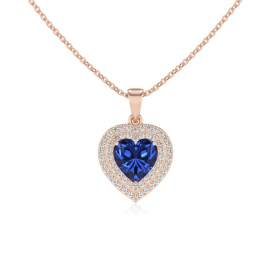 lab grown blue sapphire heart halo necklaces in rose gold