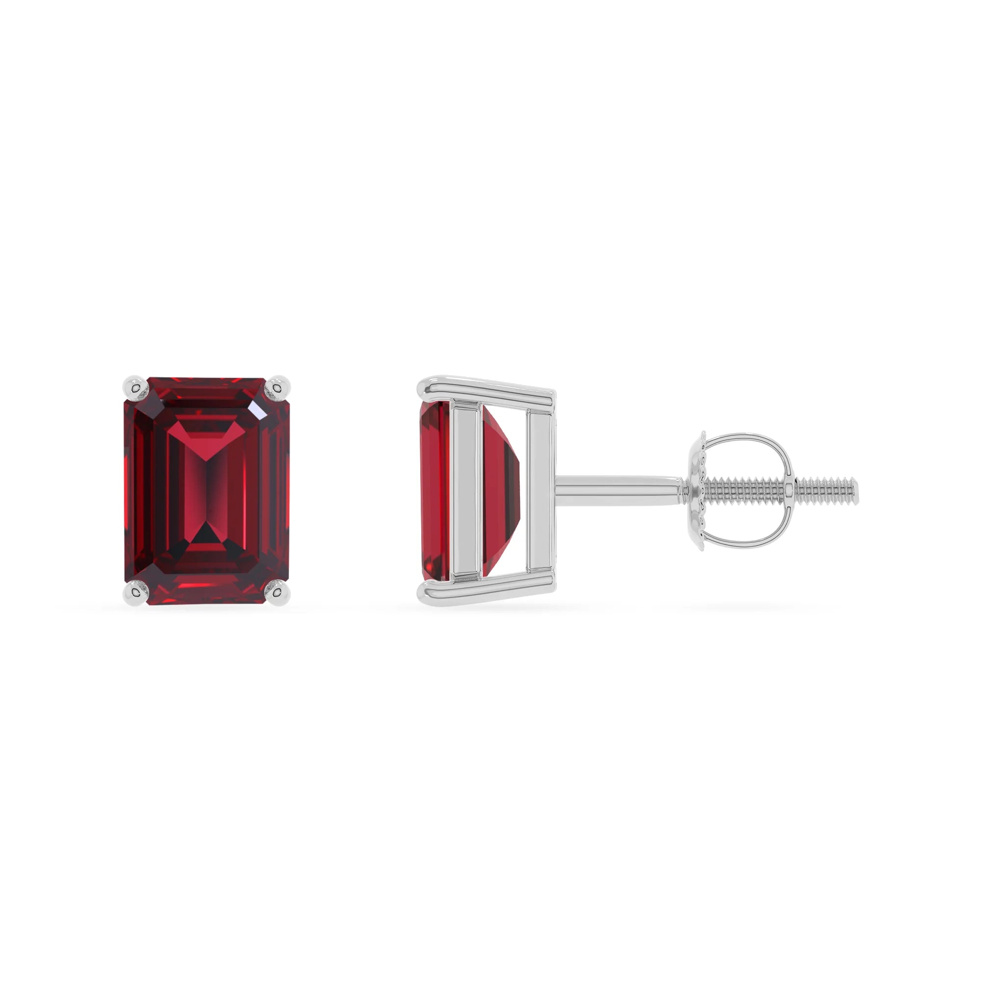 lab grown ruby emerald cut stud earrings in platinum