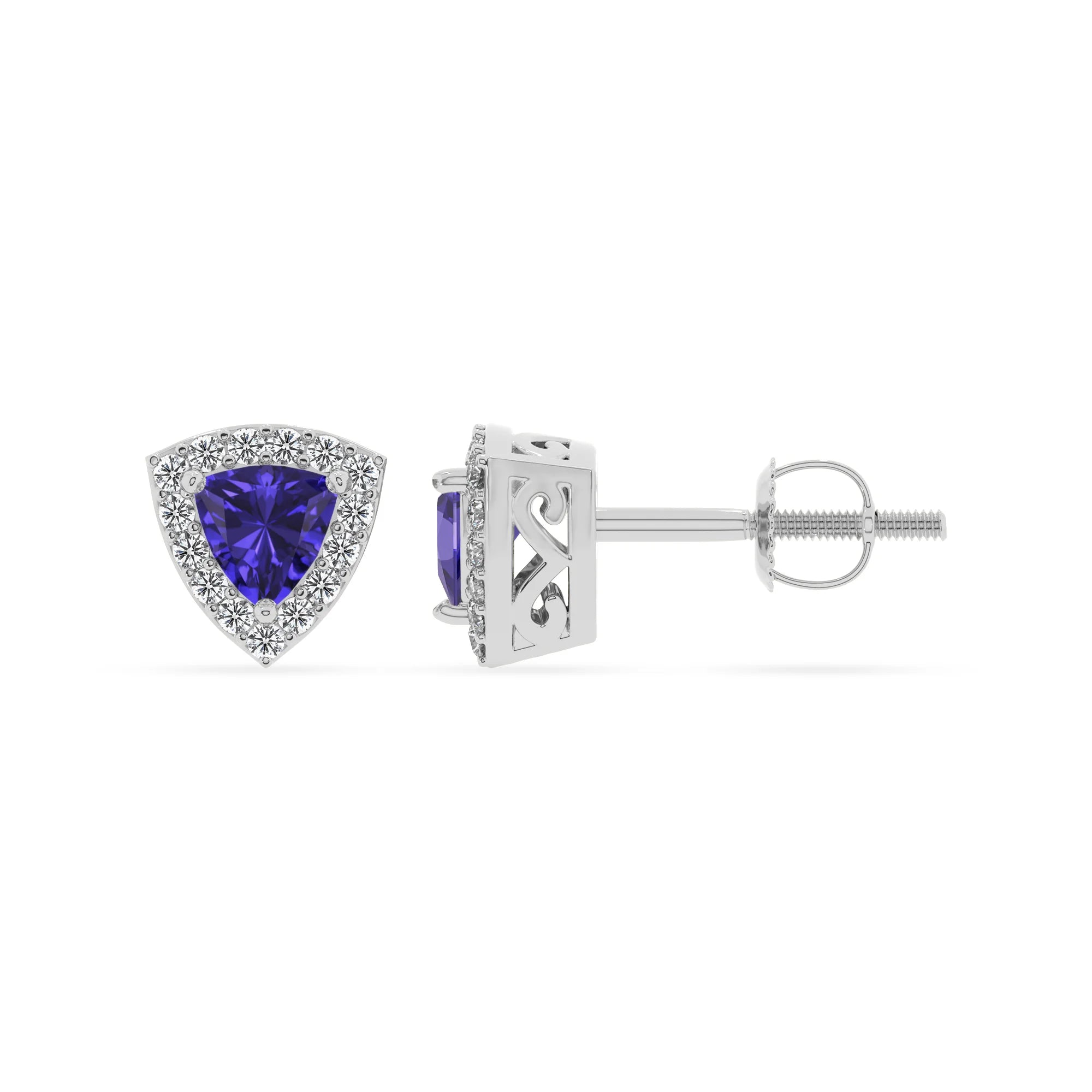 lab grown tanzanite trillion stud earrings in platinum