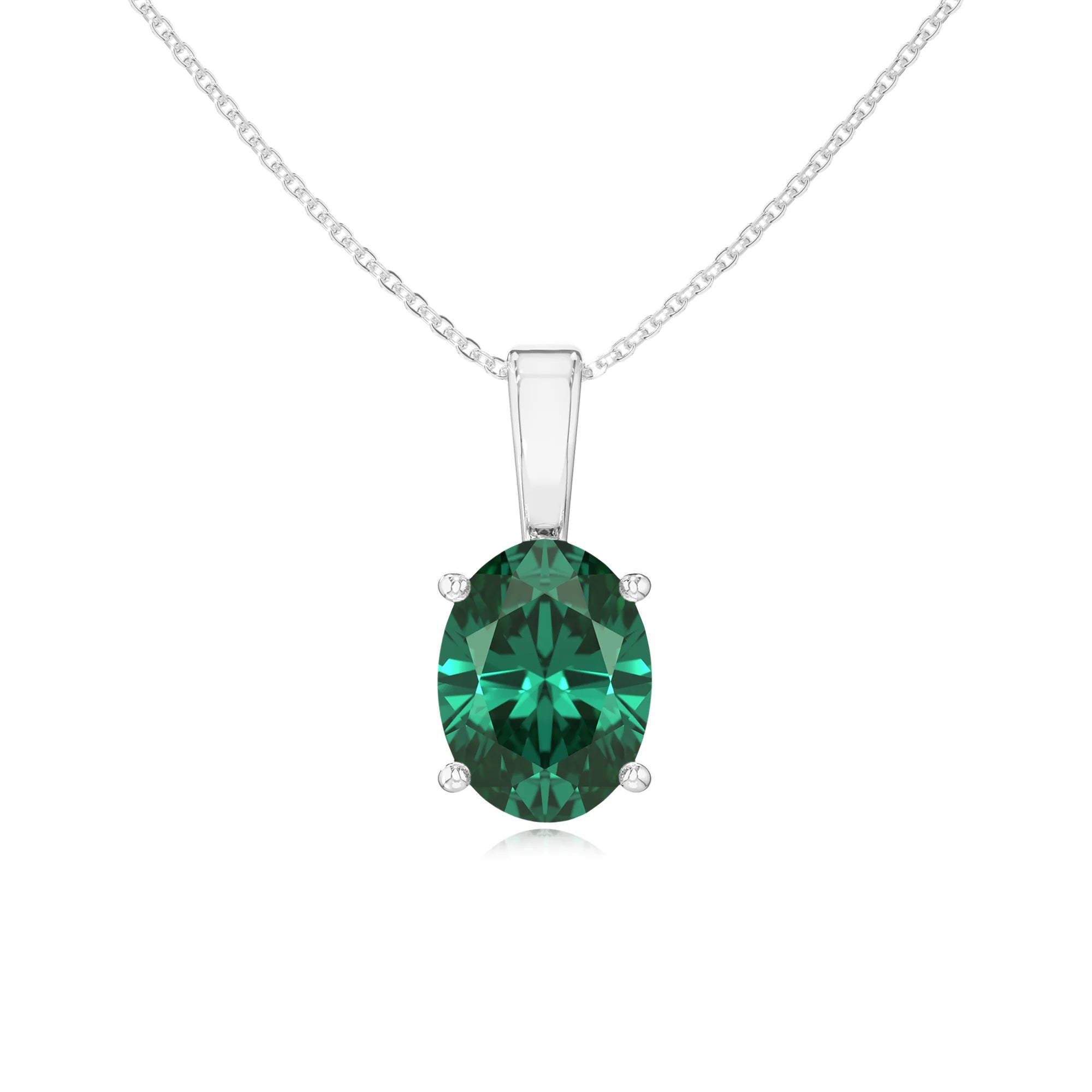 lab grown emerald oval solitaire necklaces in white gold