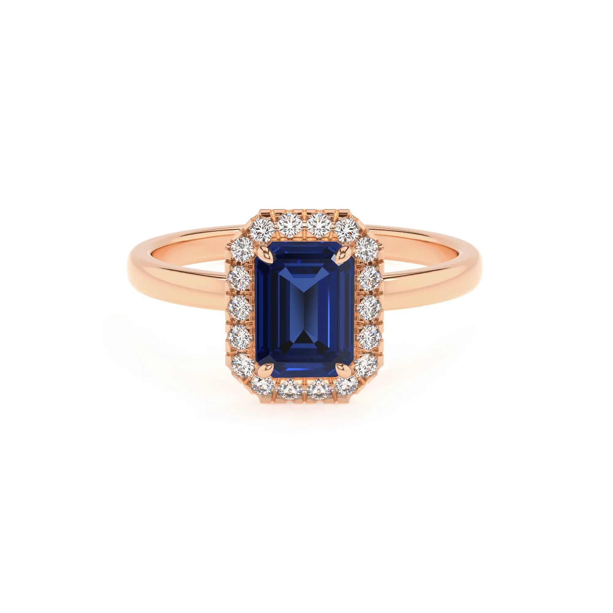 lab grown blue-sapphire emerald cut solitaire rings in rose gold