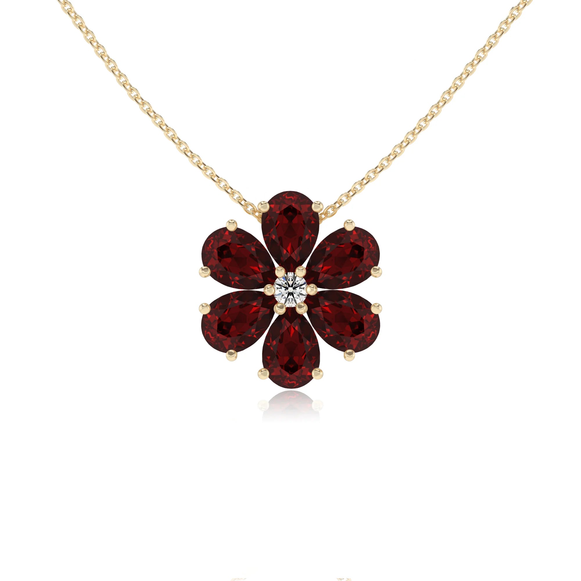 natural garnet pear solitaire necklaces in yellow gold