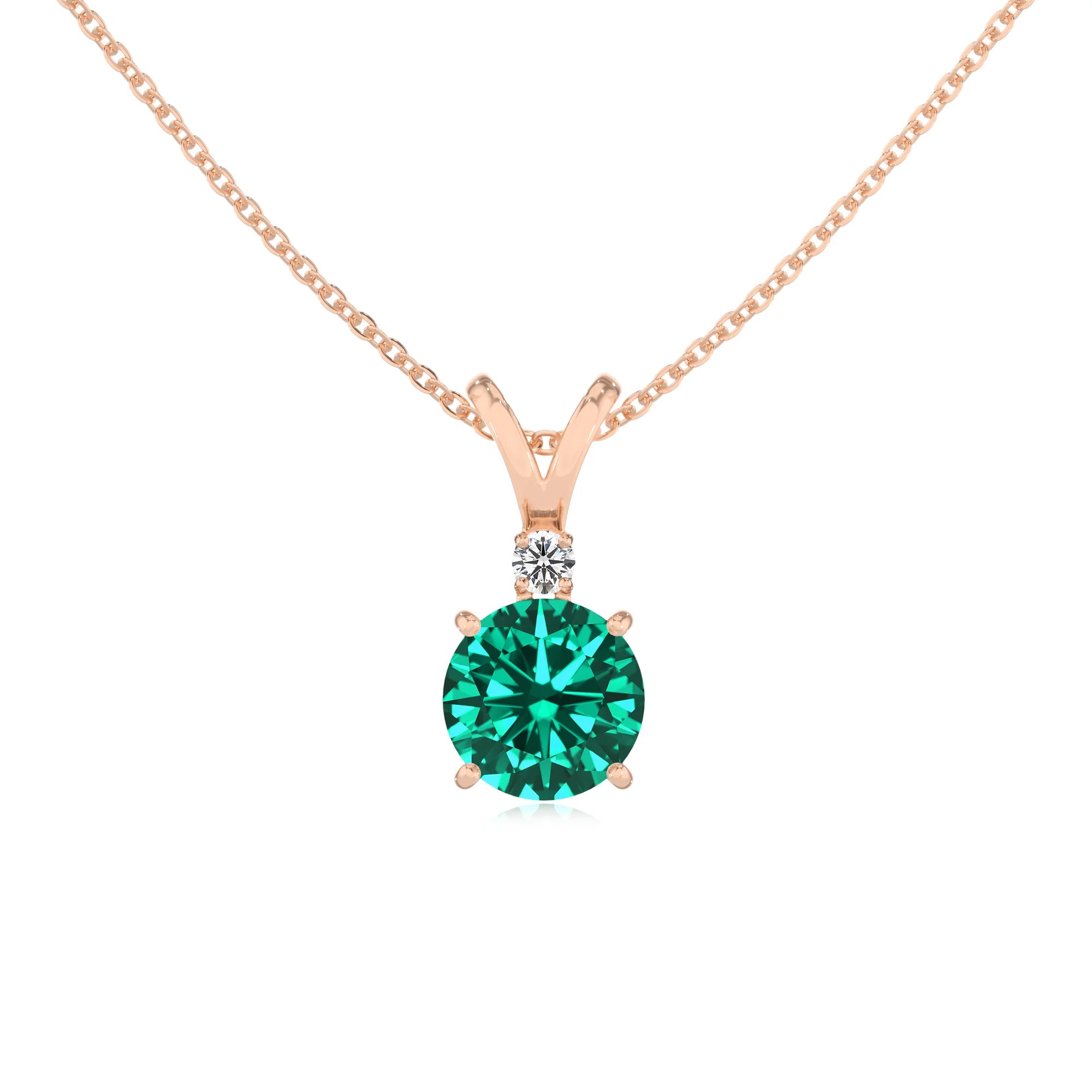lab grown emerald round solitaire v-bale necklaces in rose gold
