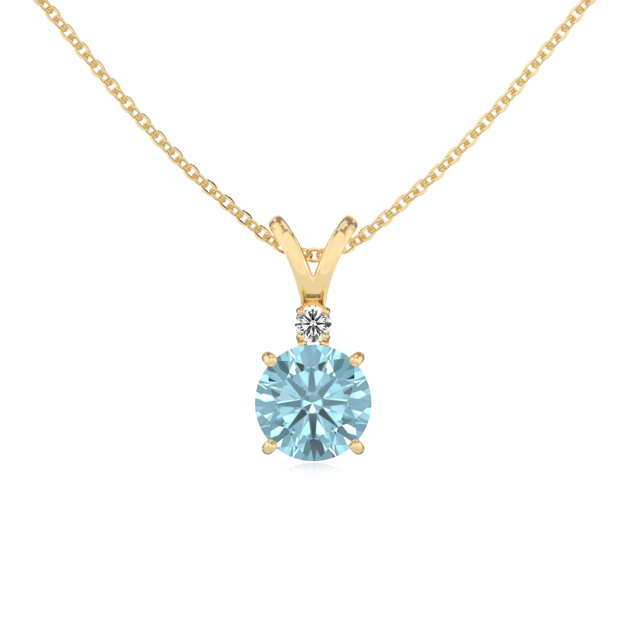 lab grown aquamarine round solitaire v-bale necklaces in yellow gold