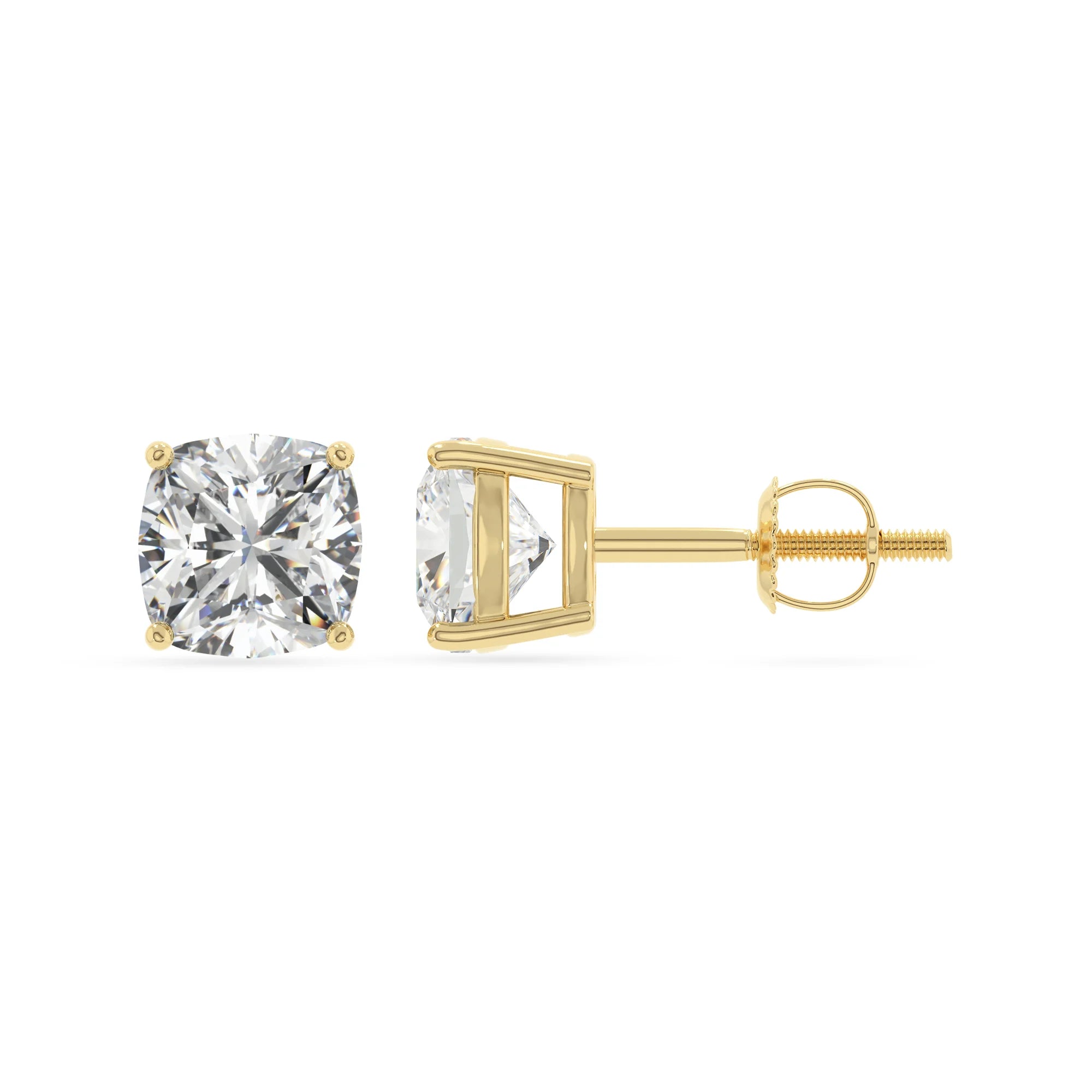 lab grown moissanite cushion stud earrings in yellow gold